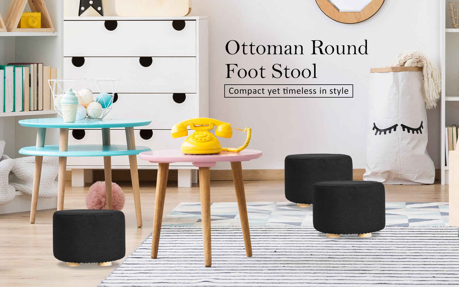 La Bella Black Fabric Ottoman Round Wooden Leg Foot Stool-Ottomans-PEROZ Accessories