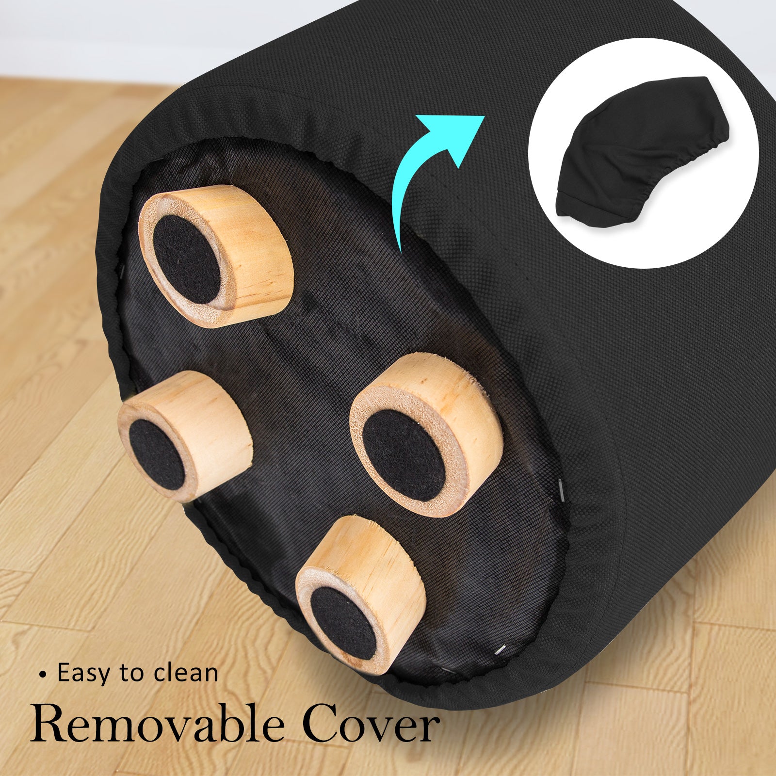La Bella Black Fabric Ottoman Round Wooden Leg Foot Stool-Ottomans-PEROZ Accessories