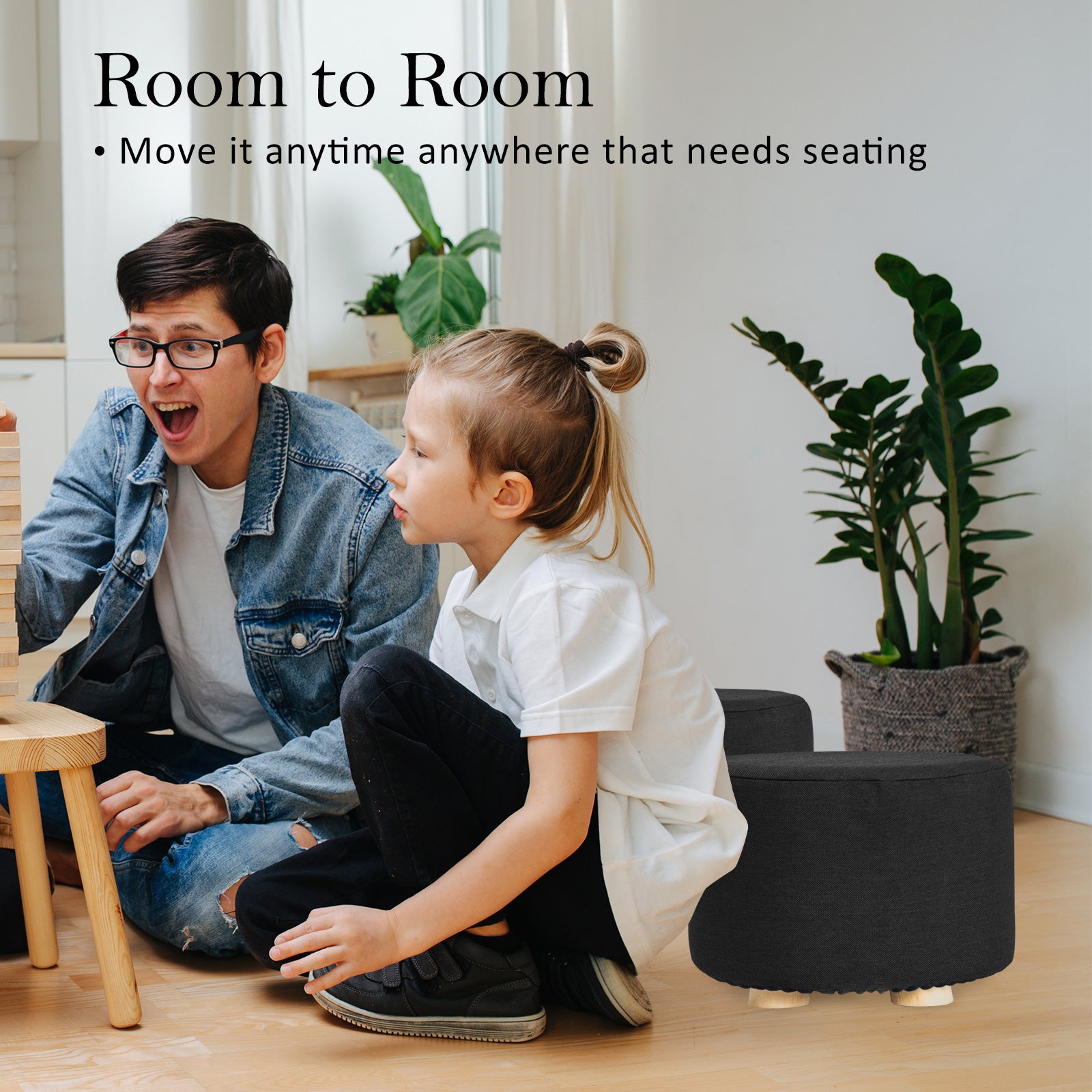 La Bella 2 Set Black Fabric Ottoman Round Wooden Leg Foot Stool-Ottomans-PEROZ Accessories