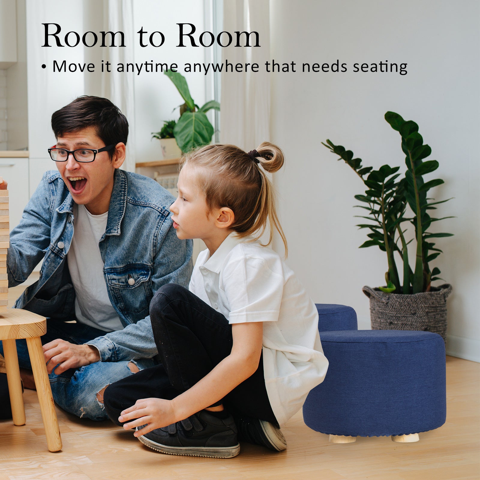 La Bella Dark Blue Fabric Ottoman Round Wooden Leg Foot Stool-Ottomans-PEROZ Accessories