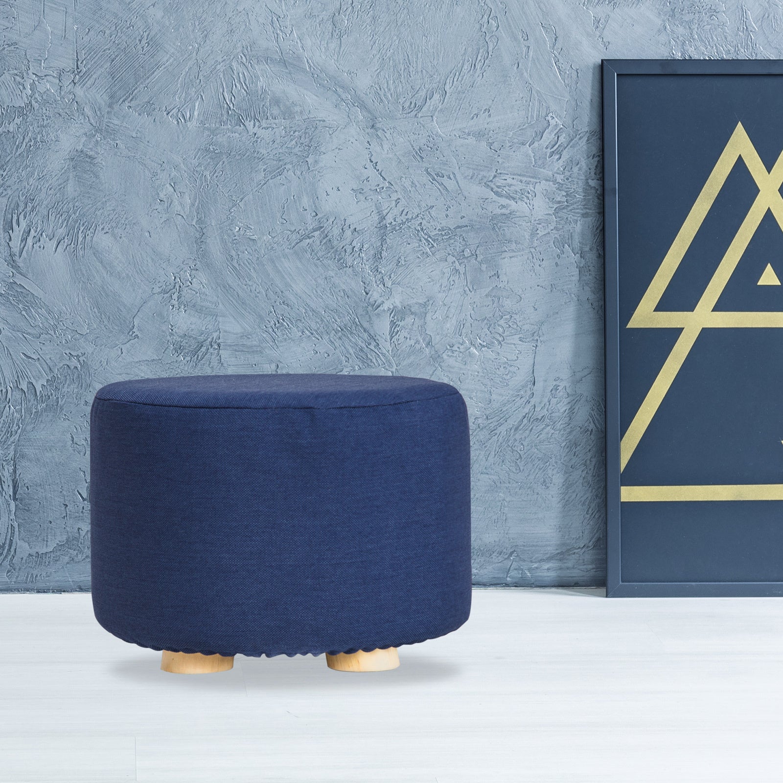 La Bella Dark Blue Fabric Ottoman Round Wooden Leg Foot Stool-Ottomans-PEROZ Accessories