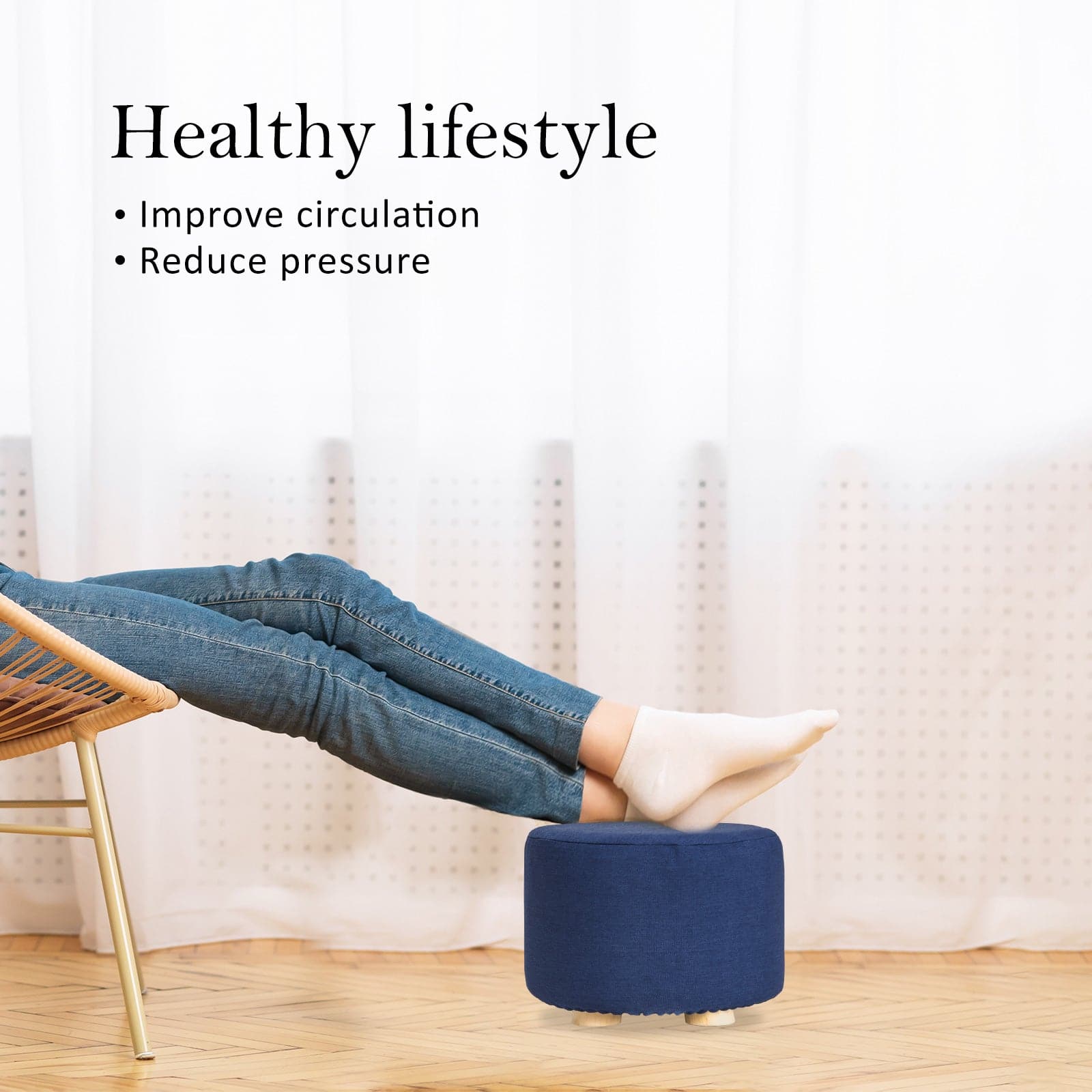 La Bella 2 Set Dark Blue Fabric Ottoman Round Wooden Leg Foot Stool-Ottomans-PEROZ Accessories
