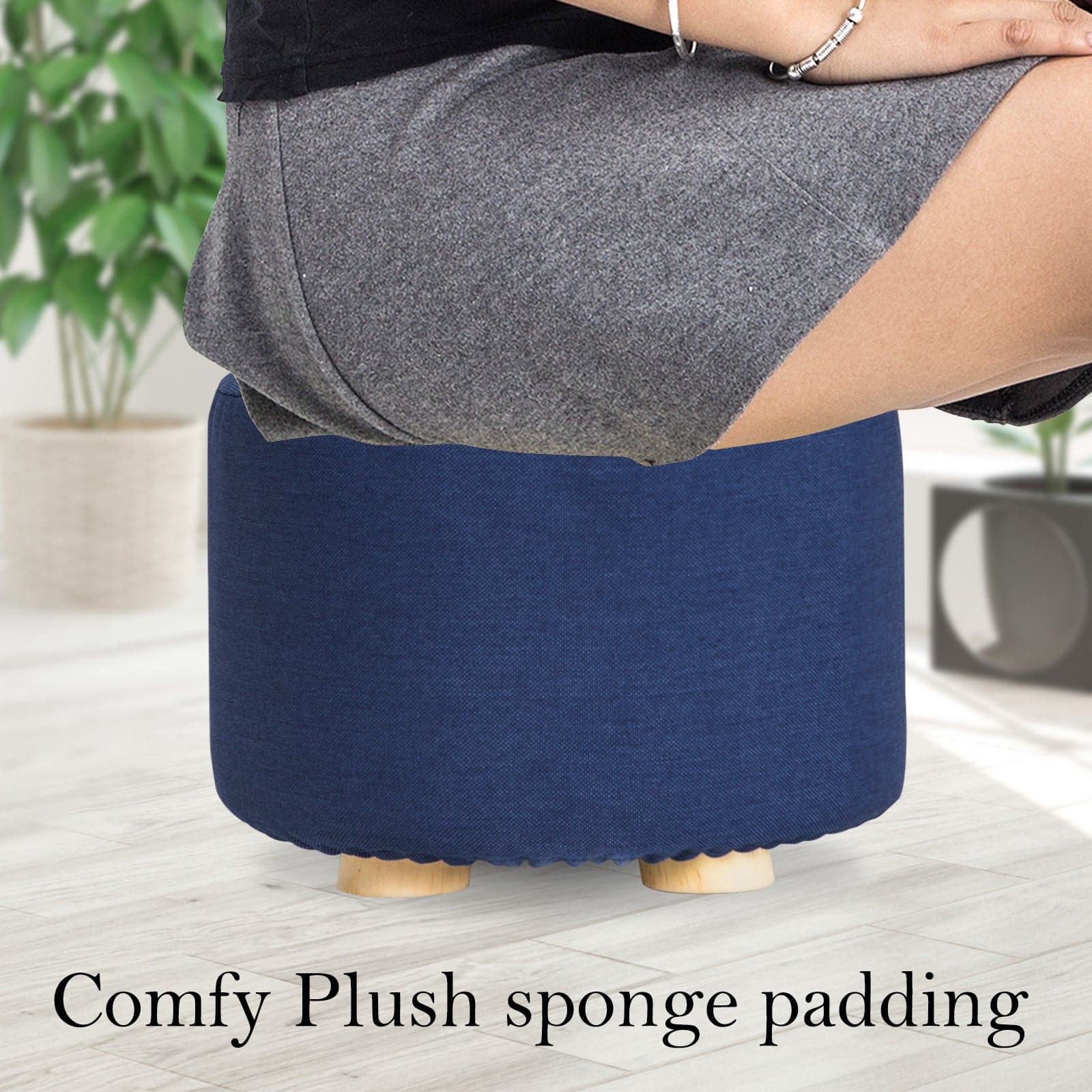 La Bella 2 Set Dark Blue Fabric Ottoman Round Wooden Leg Foot Stool-Ottomans-PEROZ Accessories