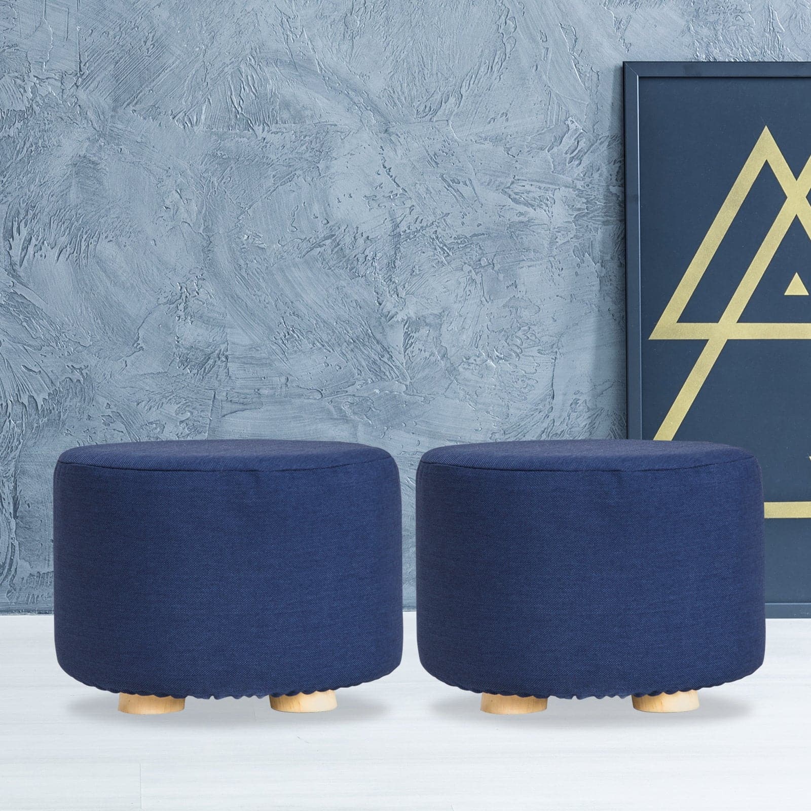 La Bella 2 Set Dark Blue Fabric Ottoman Round Wooden Leg Foot Stool-Ottomans-PEROZ Accessories