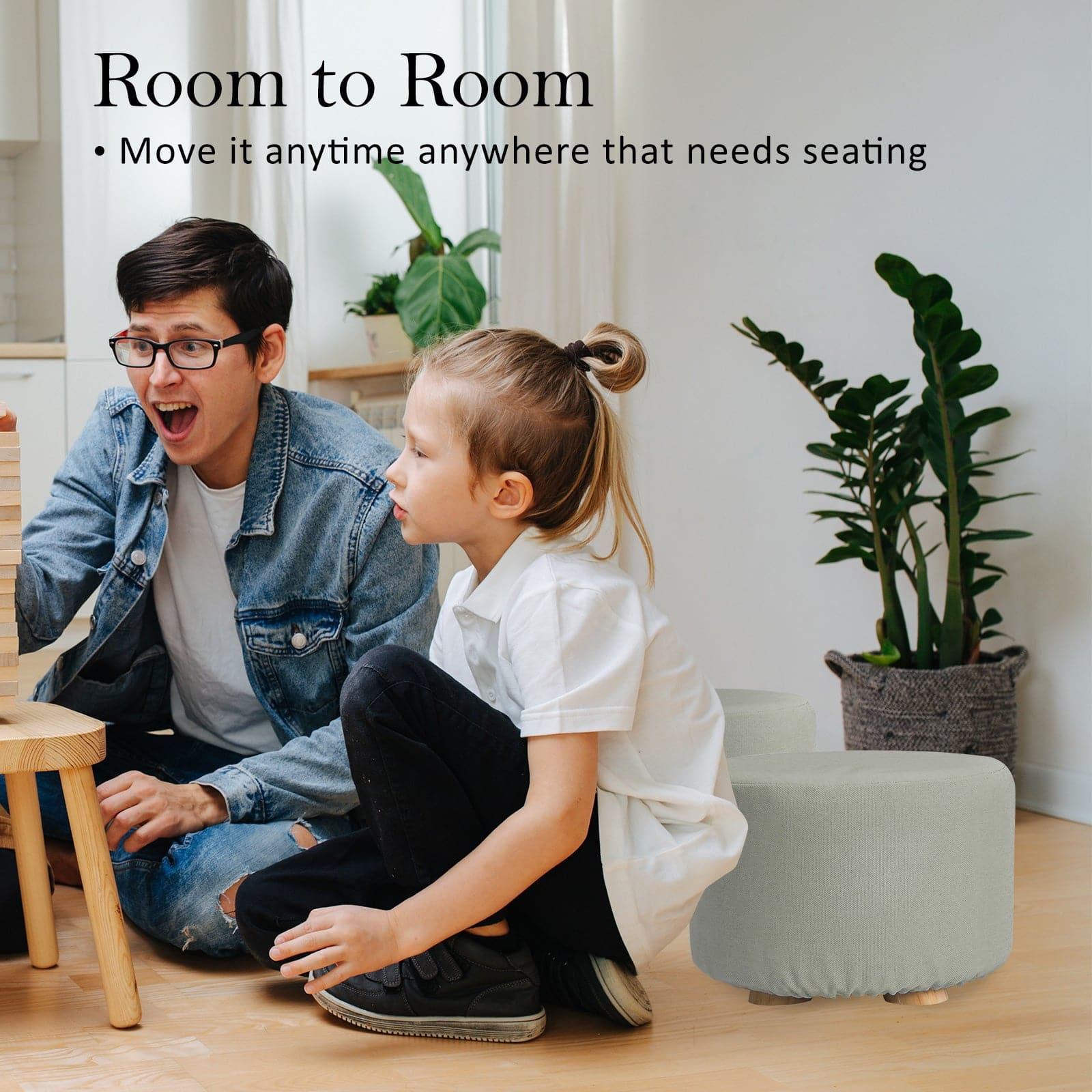 La Bella 2 Set Grey Fabric Ottoman Round Wooden Leg Foot Stool-Ottomans-PEROZ Accessories