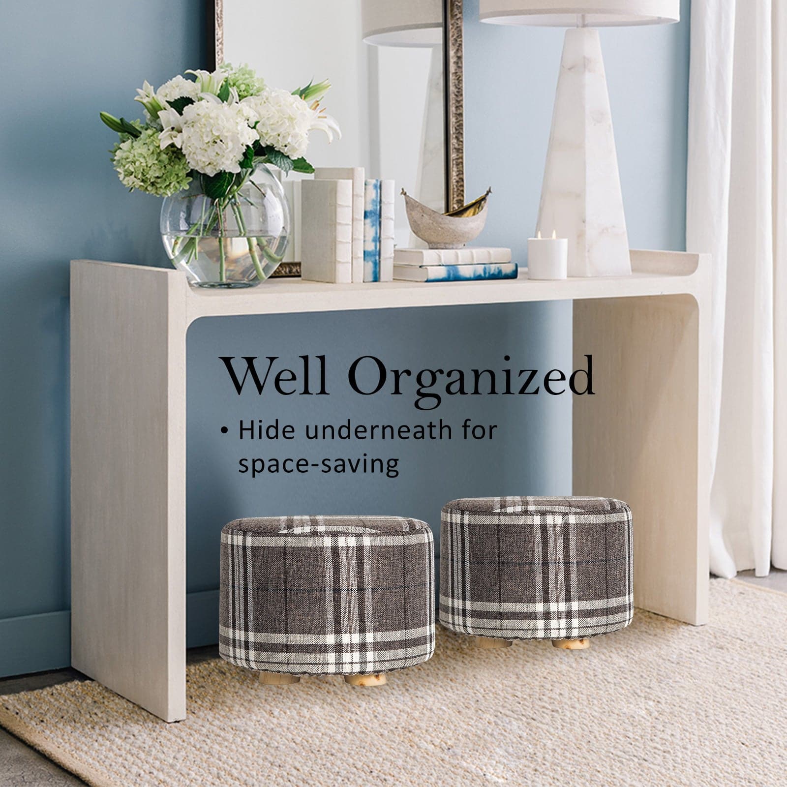 La Bella 2 Set Lattice Fabric Ottoman Round Wooden Leg Foot Stool-Ottomans-PEROZ Accessories