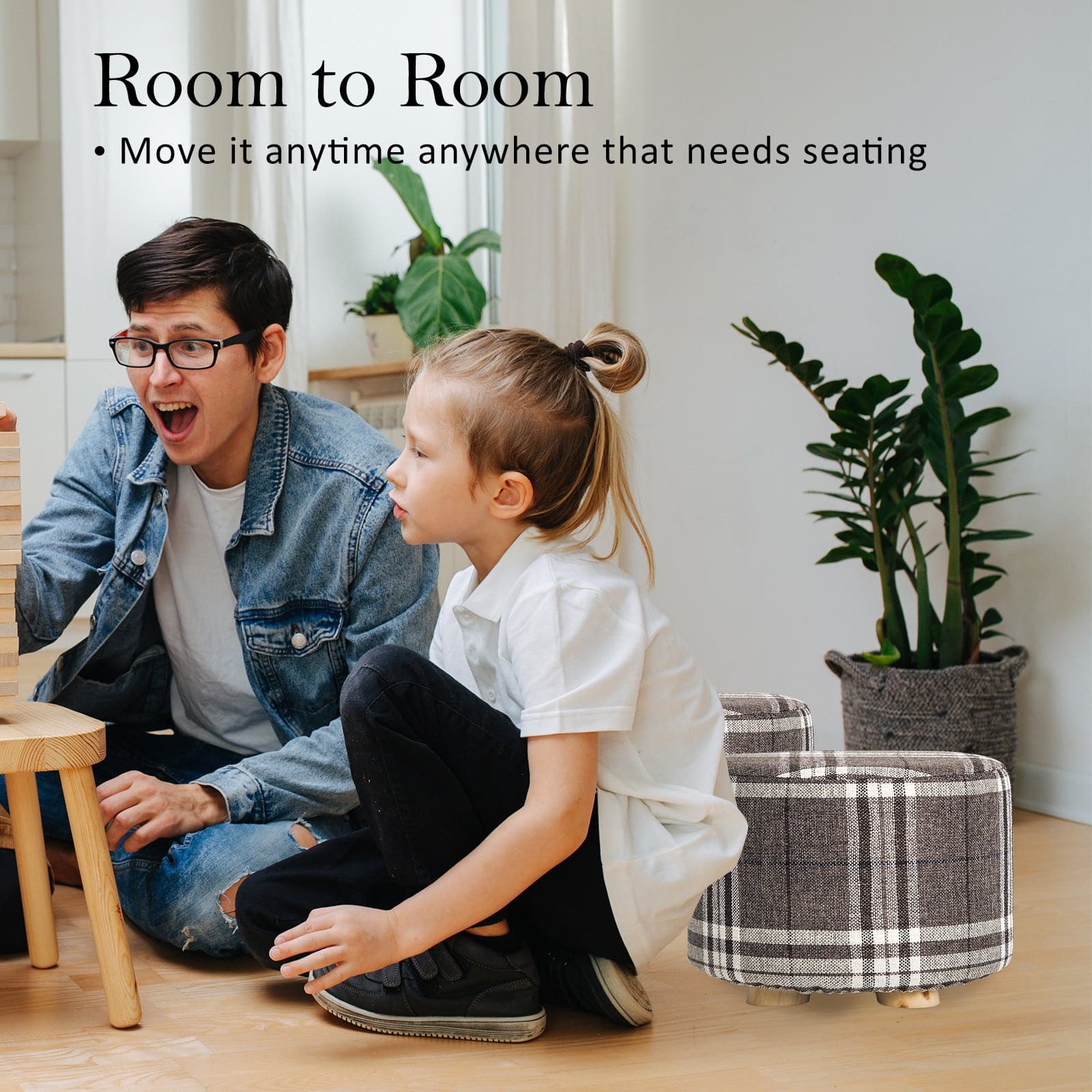 La Bella 2 Set Lattice Fabric Ottoman Round Wooden Leg Foot Stool-Ottomans-PEROZ Accessories