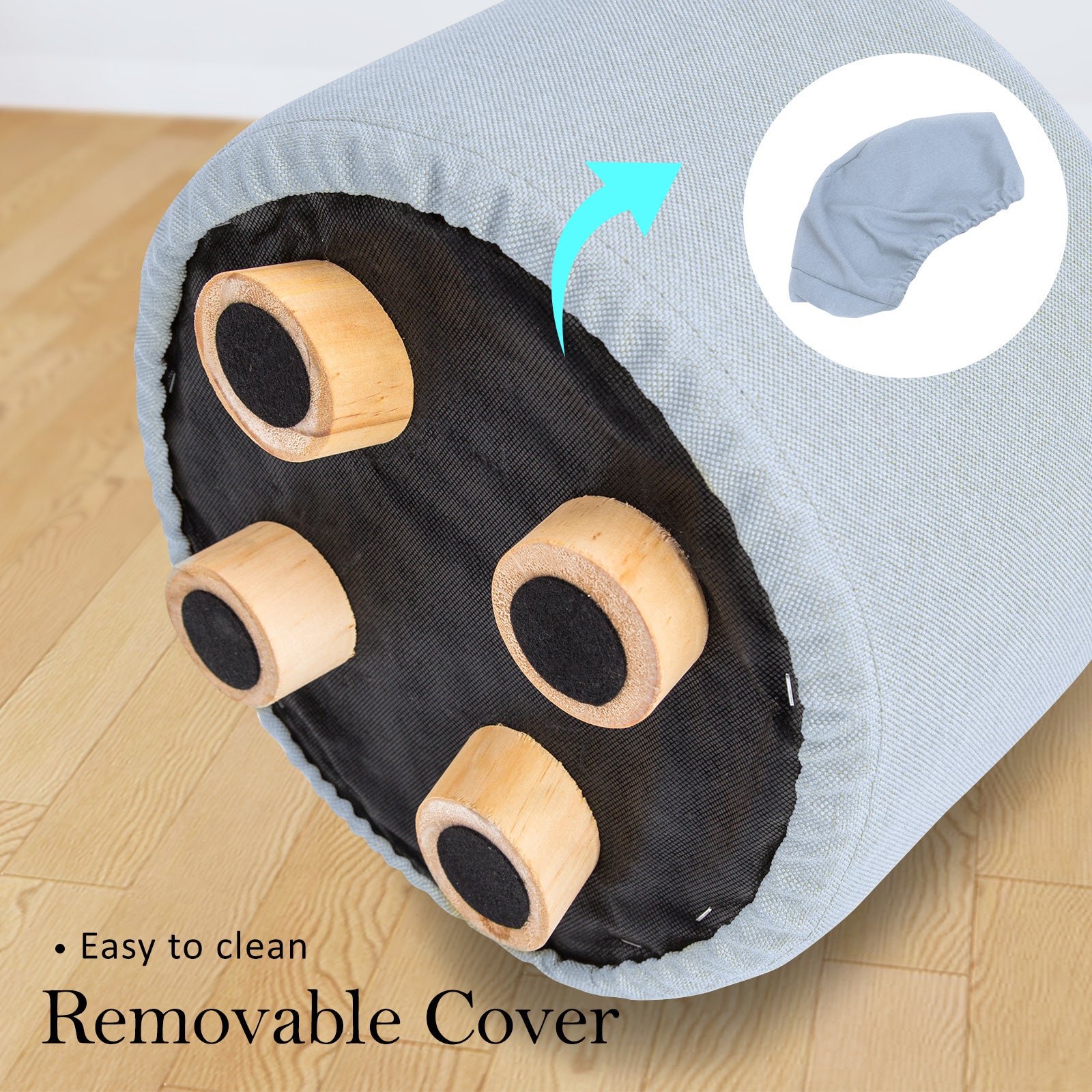 La Bella Light Blue Fabric Ottoman Round Wooden Leg Foot Stool-Ottomans-PEROZ Accessories