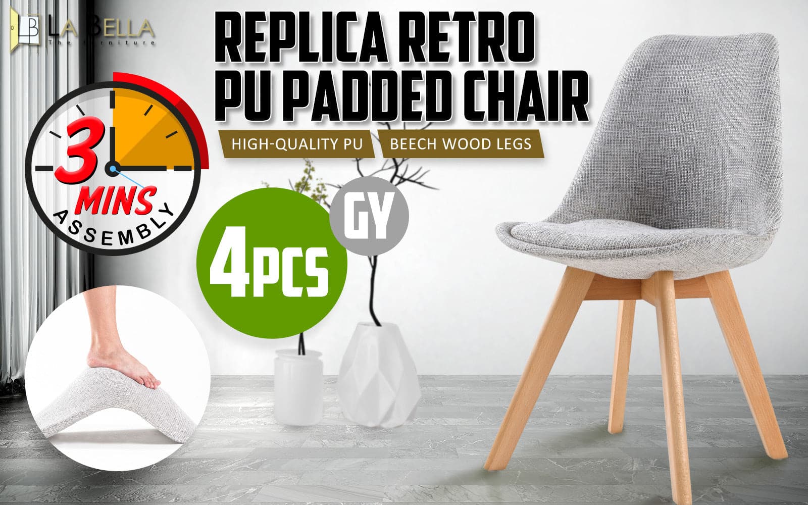 La Bella 4 Set Grey Retro Dining Cafe Chair Padded Seat-Furniture > Bar Stools & Chairs-PEROZ Accessories