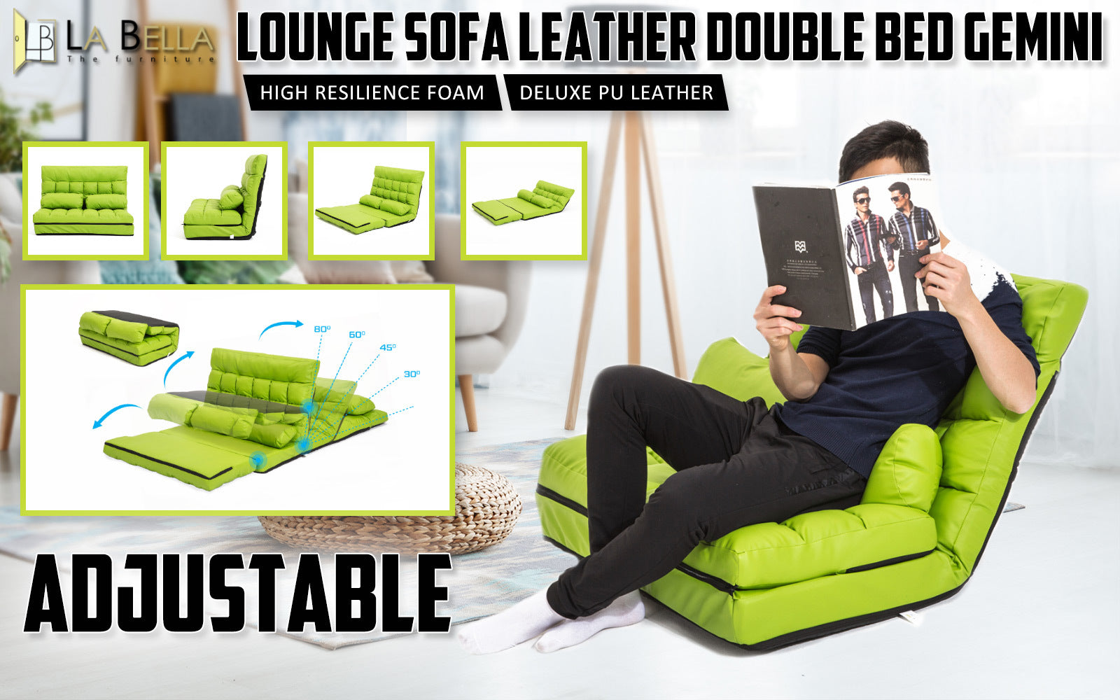 La Bella Double Seat Couch Bed Green Sofa Gemini Leather-Furniture > Sofas-PEROZ Accessories