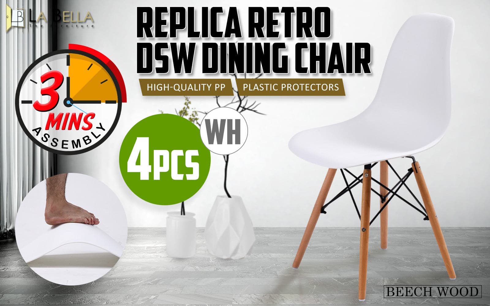 La Bella 4 Set White Retro Dining Cafe Chair DSW PP-Furniture > Bar Stools & Chairs-PEROZ Accessories