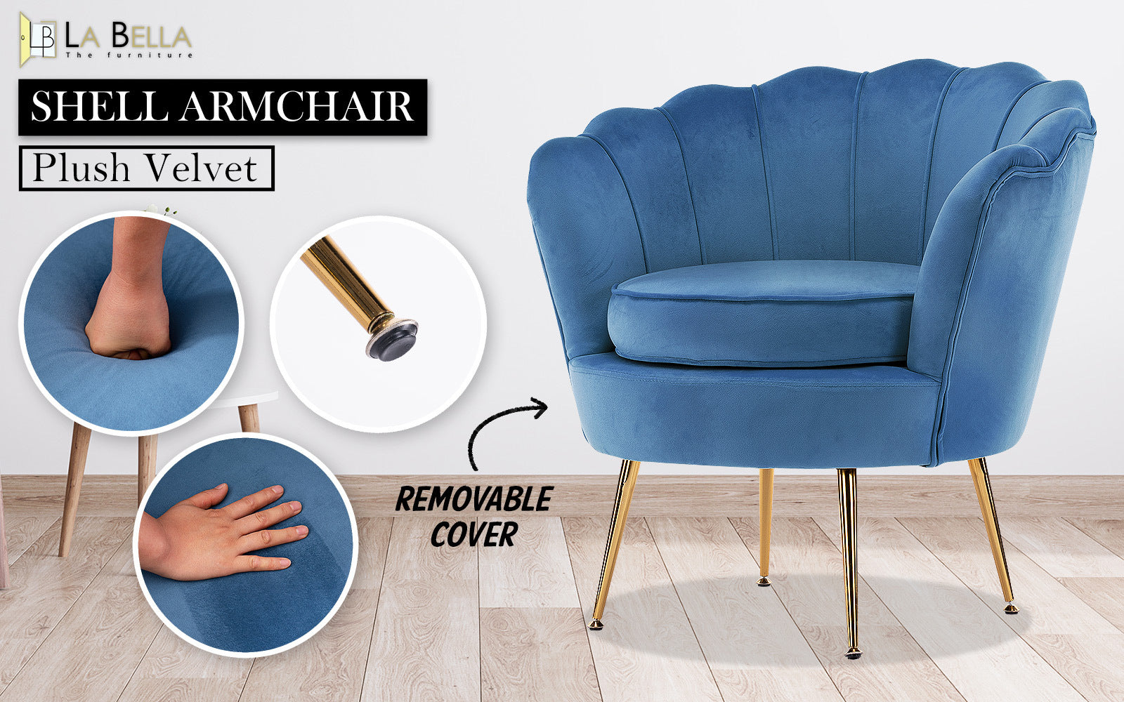 La Bella Shell Scallop Navy Blue Armchair Lounge Chair Accent Velvet-Furniture > Bar Stools & Chairs-PEROZ Accessories