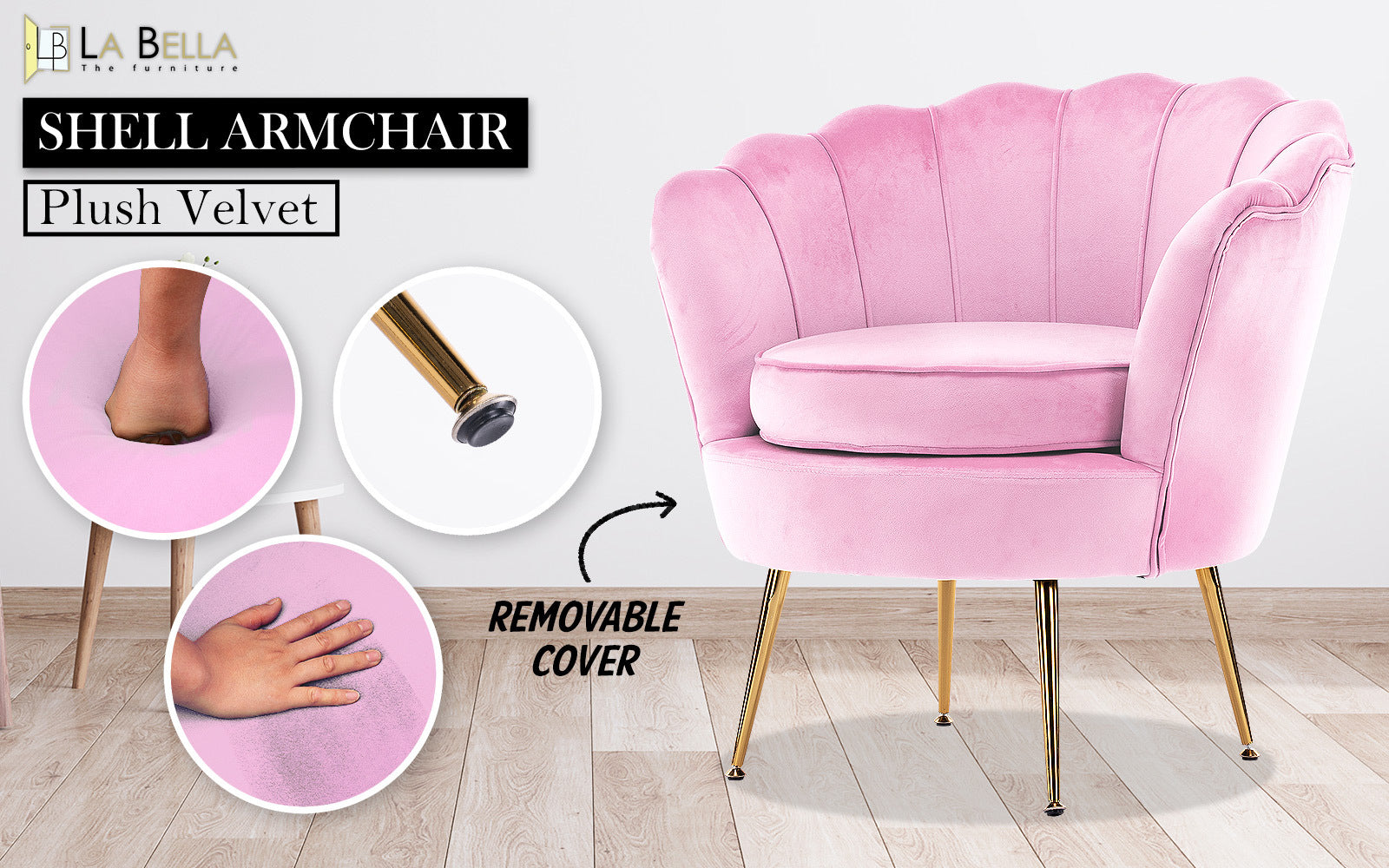 La Bella Shell Scallop Pink Armchair Lounge Chair Accent Velvet-Furniture > Bar Stools & Chairs-PEROZ Accessories