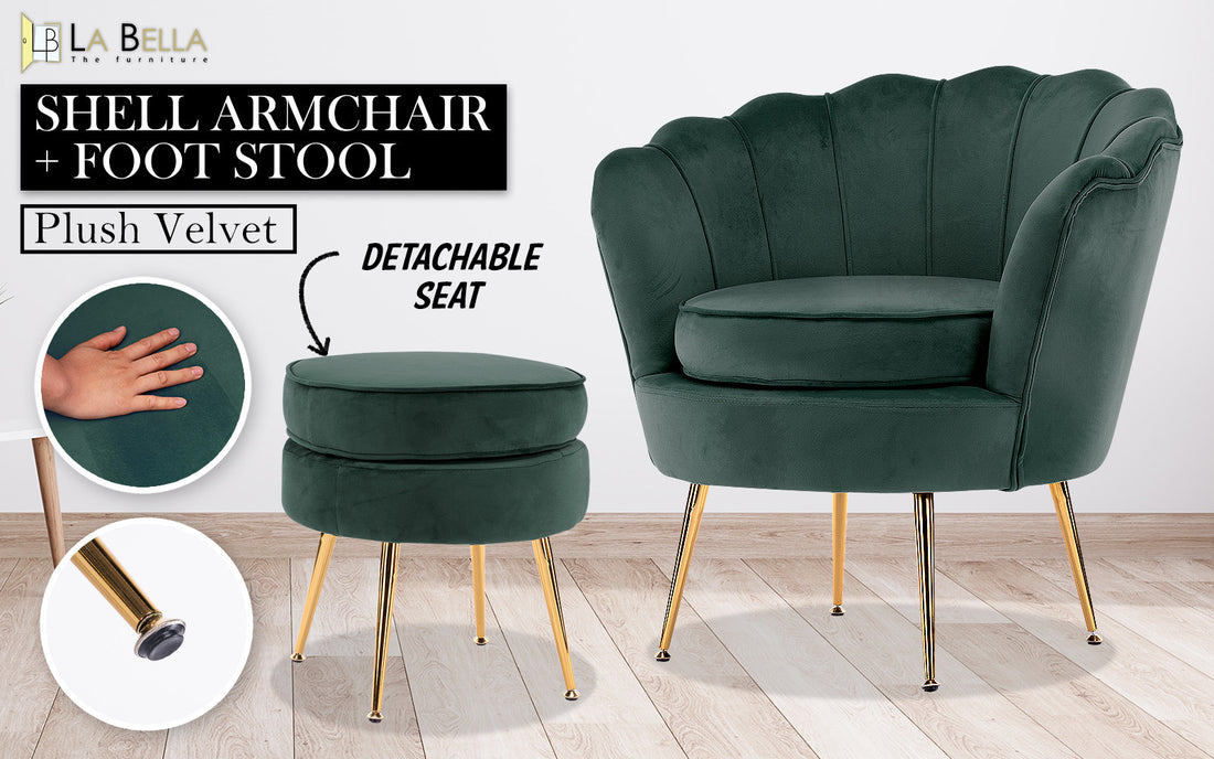 La Bella Shell Scallop Green Armchair Accent Chair Velvet + Round Ottoman Footstool-Armchairs-PEROZ Accessories