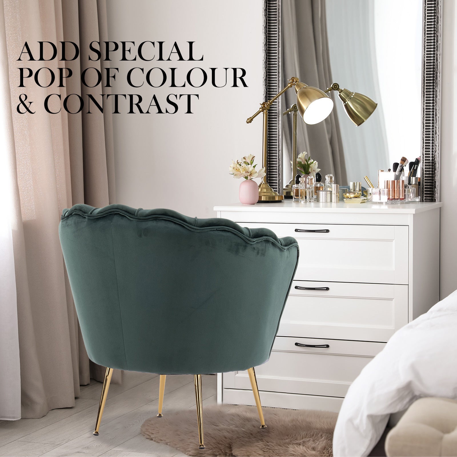 La Bella Shell Scallop Green Armchair Accent Chair Velvet + Round Ottoman Footstool-Armchairs-PEROZ Accessories
