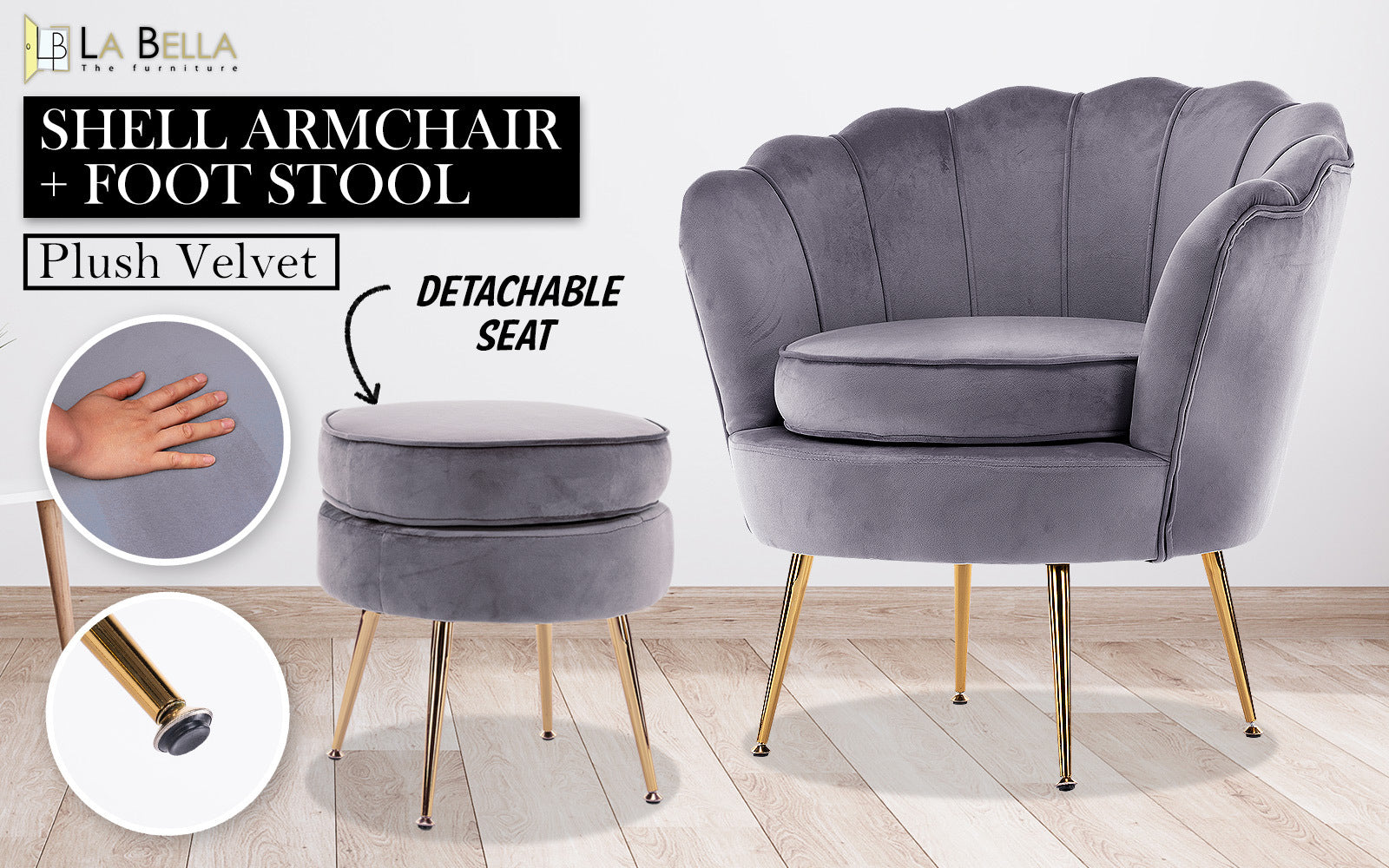 La Bella Shell Scallop Grey Armchair Accent Chair Velvet + Round Ottoman Footstool-Armchairs-PEROZ Accessories