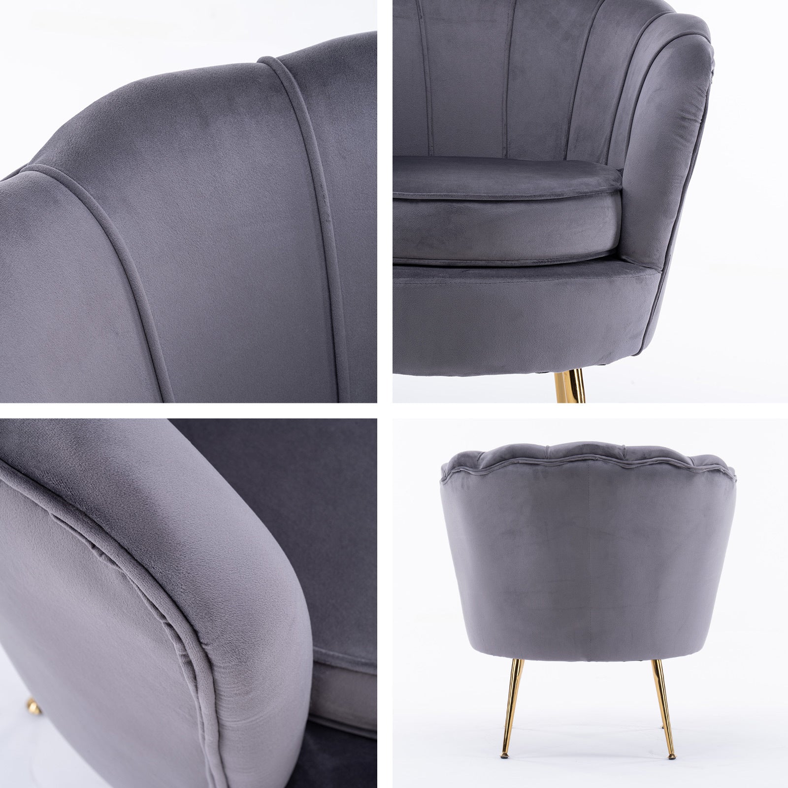 La Bella Shell Scallop Grey Armchair Accent Chair Velvet + Round Ottoman Footstool-Armchairs-PEROZ Accessories