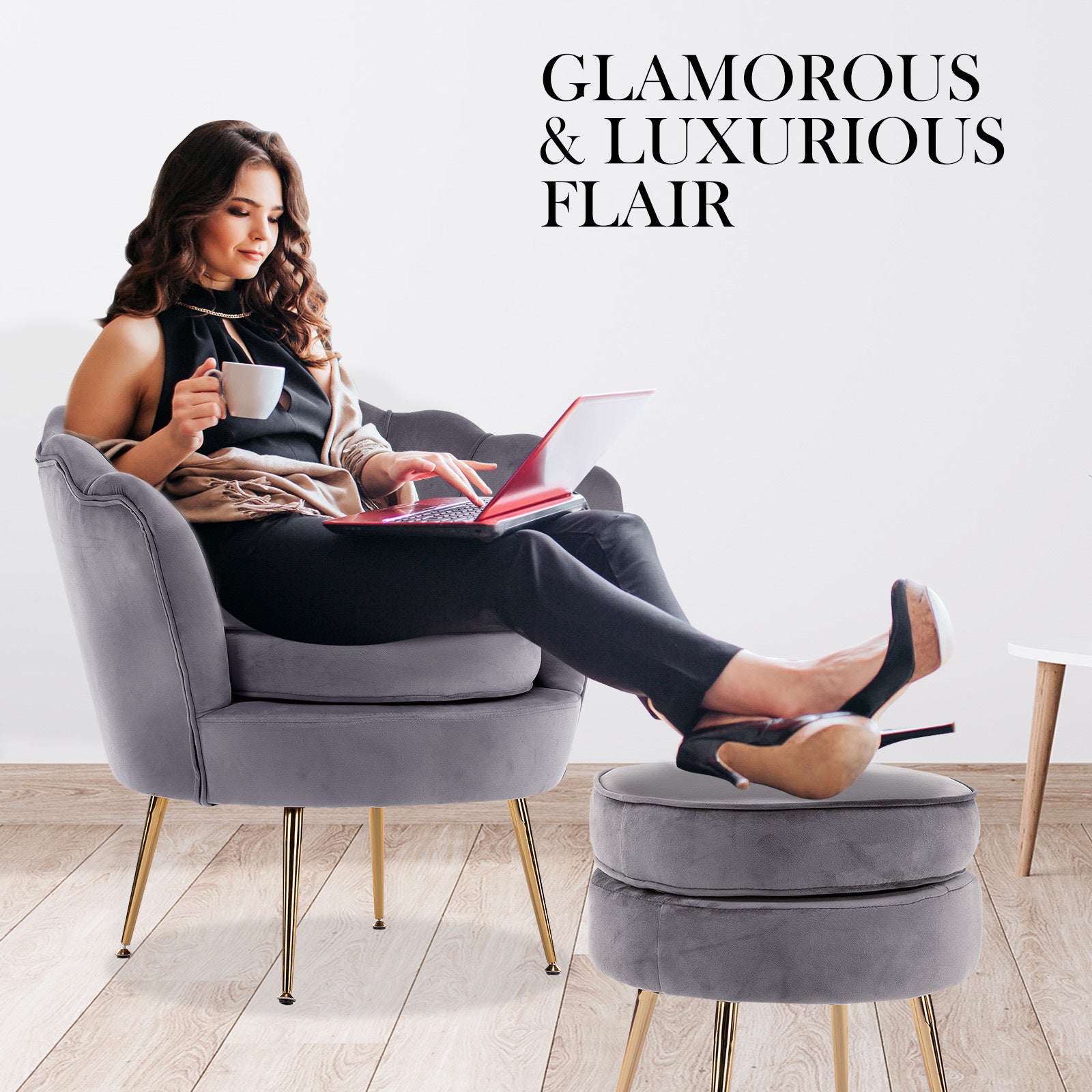 La Bella Shell Scallop Grey Armchair Accent Chair Velvet + Round Ottoman Footstool-Armchairs-PEROZ Accessories