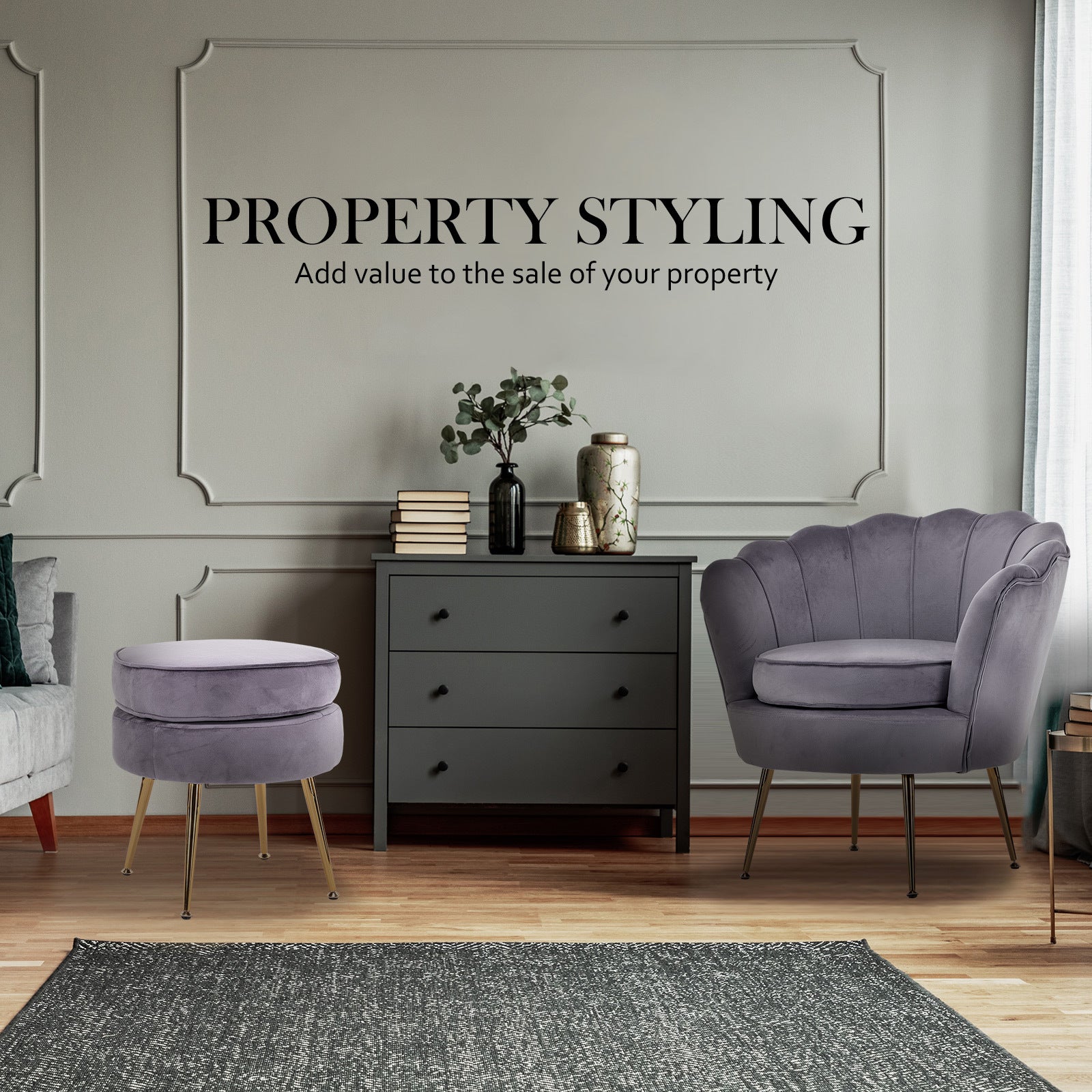 La Bella Shell Scallop Grey Armchair Accent Chair Velvet + Round Ottoman Footstool-Armchairs-PEROZ Accessories