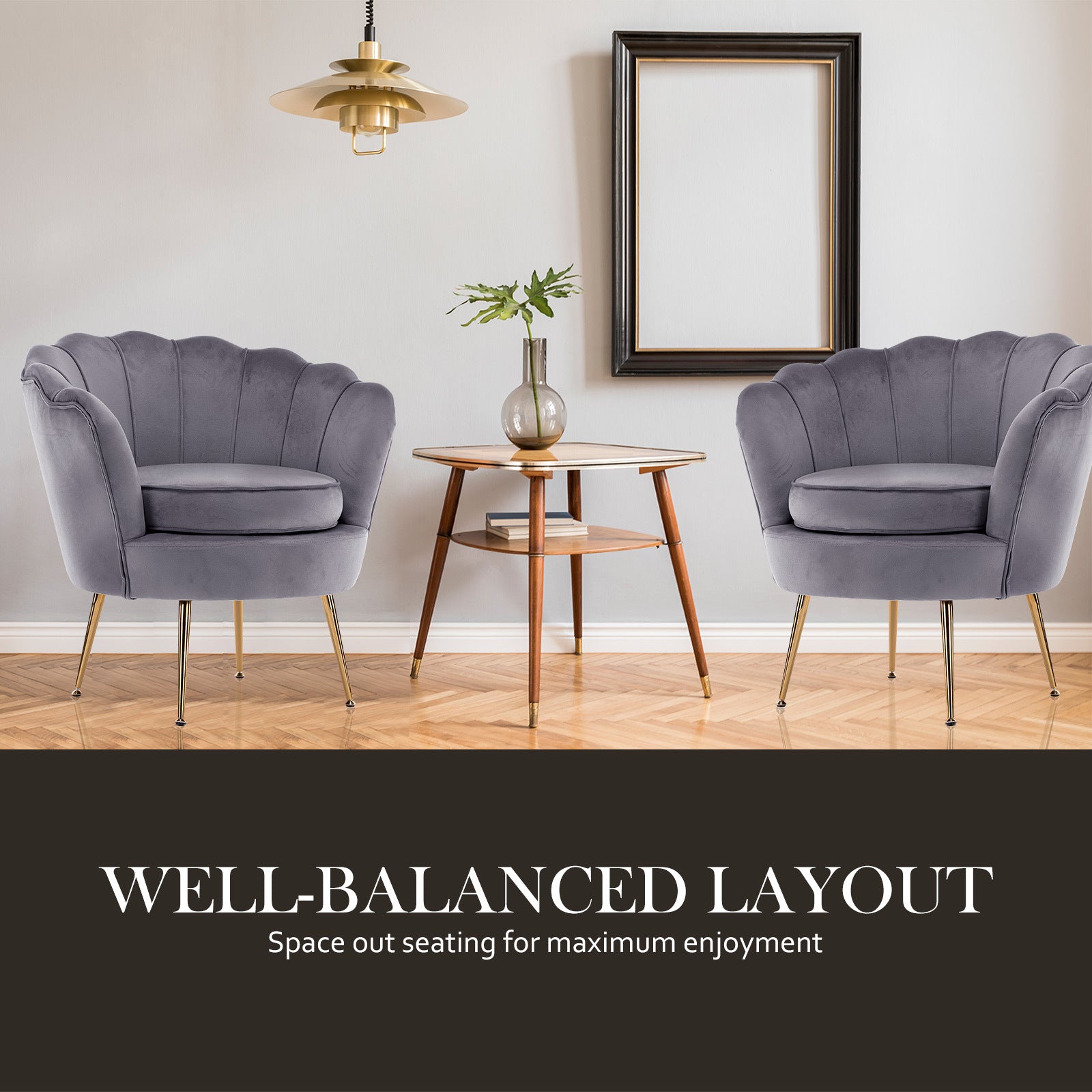La Bella Shell Scallop Grey Armchair Accent Chair Velvet + Round Ottoman Footstool-Armchairs-PEROZ Accessories