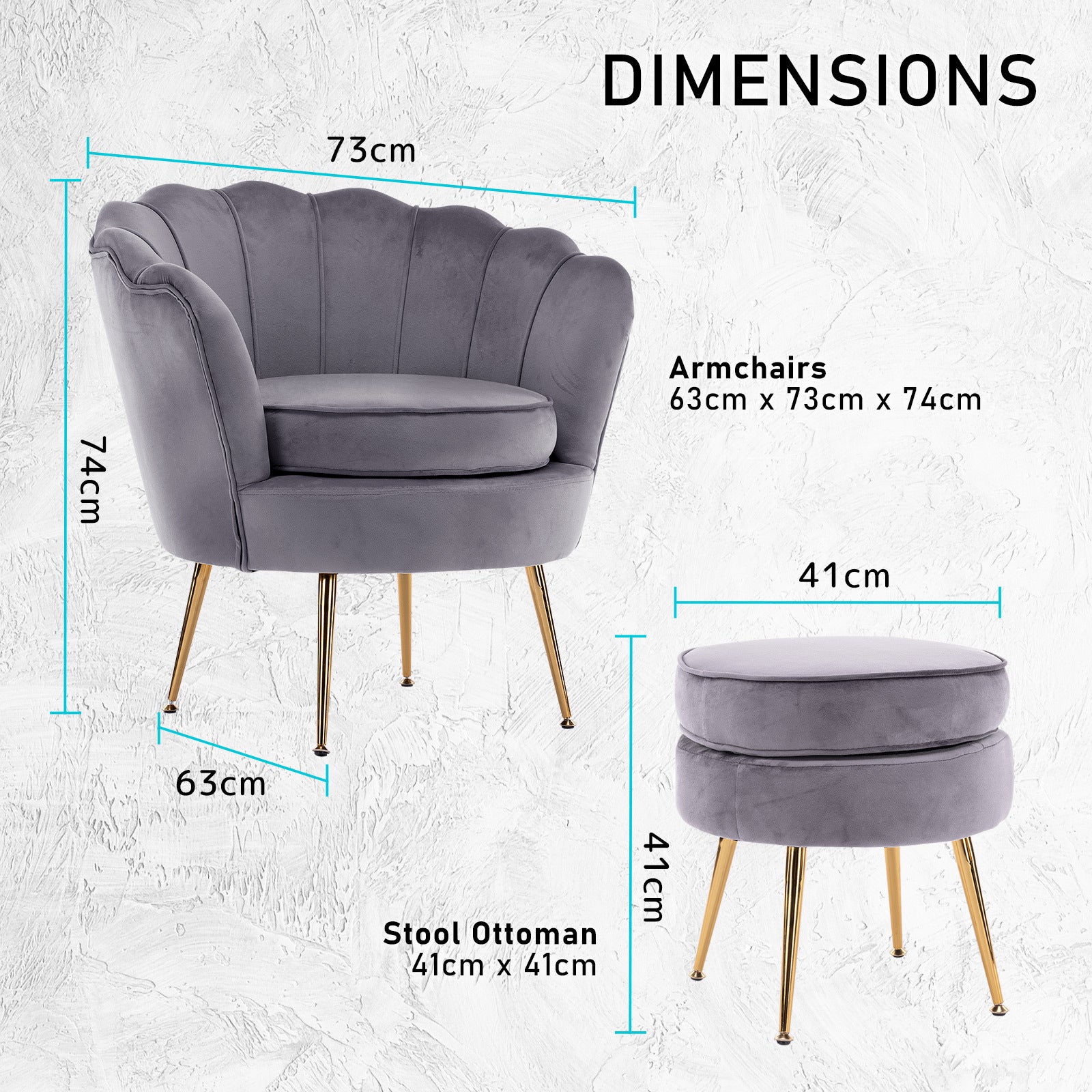 La Bella Shell Scallop Grey Armchair Accent Chair Velvet + Round Ottoman Footstool-Armchairs-PEROZ Accessories