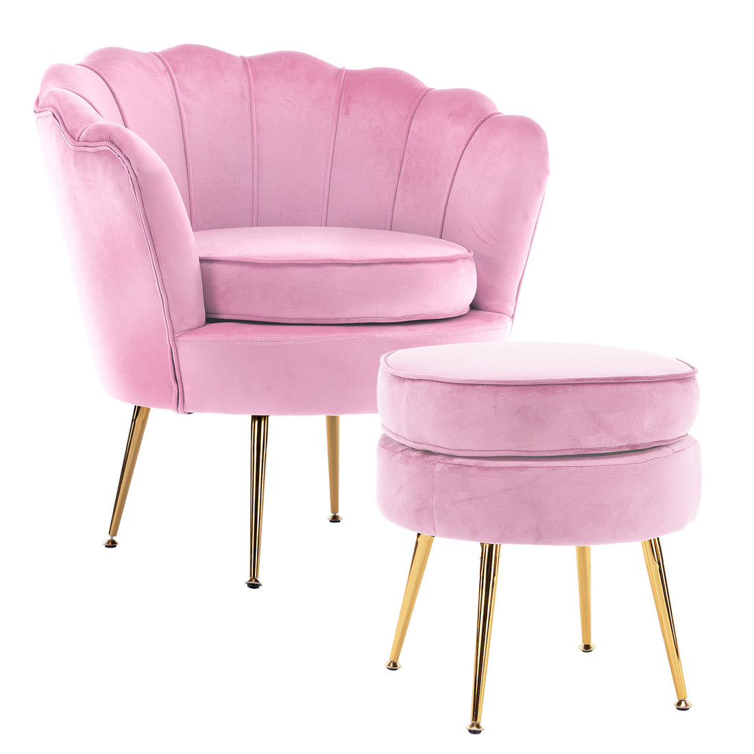 La Bella Shell Scallop Pink Armchair Accent Chair Velvet + Round Ottoman Footstool-Armchairs-PEROZ Accessories
