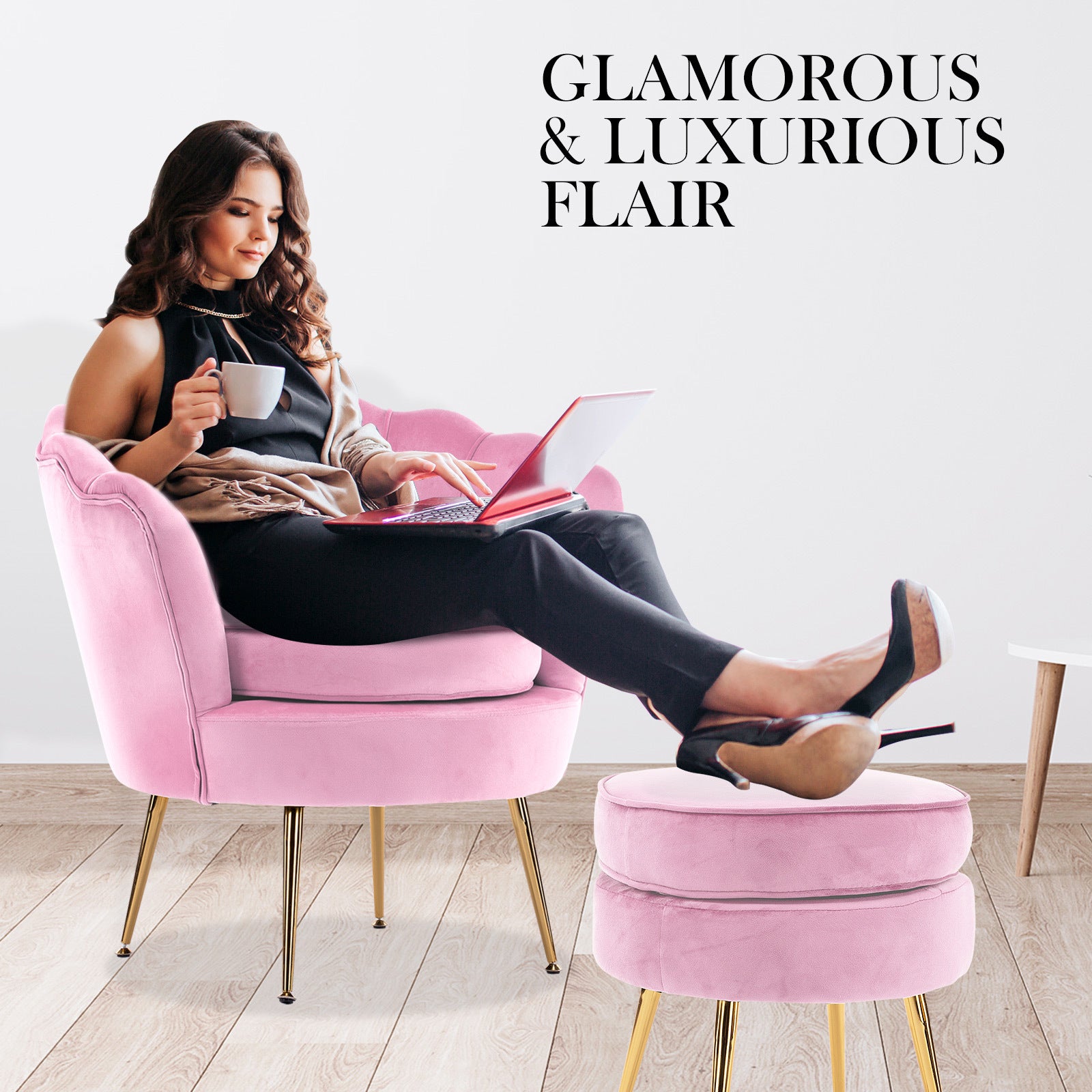 La Bella Shell Scallop Pink Armchair Accent Chair Velvet + Round Ottoman Footstool-Armchairs-PEROZ Accessories