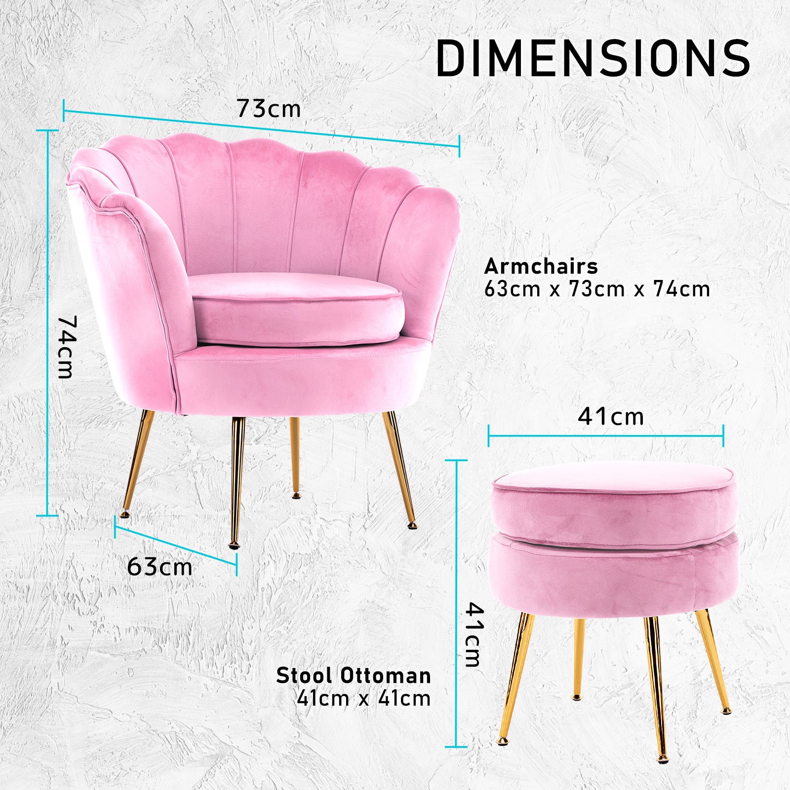 La Bella Shell Scallop Pink Armchair Accent Chair Velvet + Round Ottoman Footstool-Armchairs-PEROZ Accessories