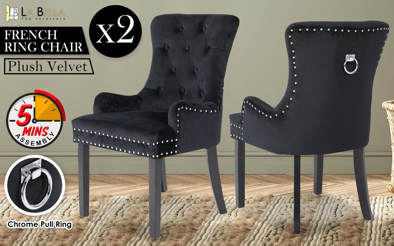 La Bella 2 Set Black French Provincial Dining Chair Ring Studded Lisse Velvet Rubberwood-Furniture > Bar Stools & Chairs-PEROZ Accessories
