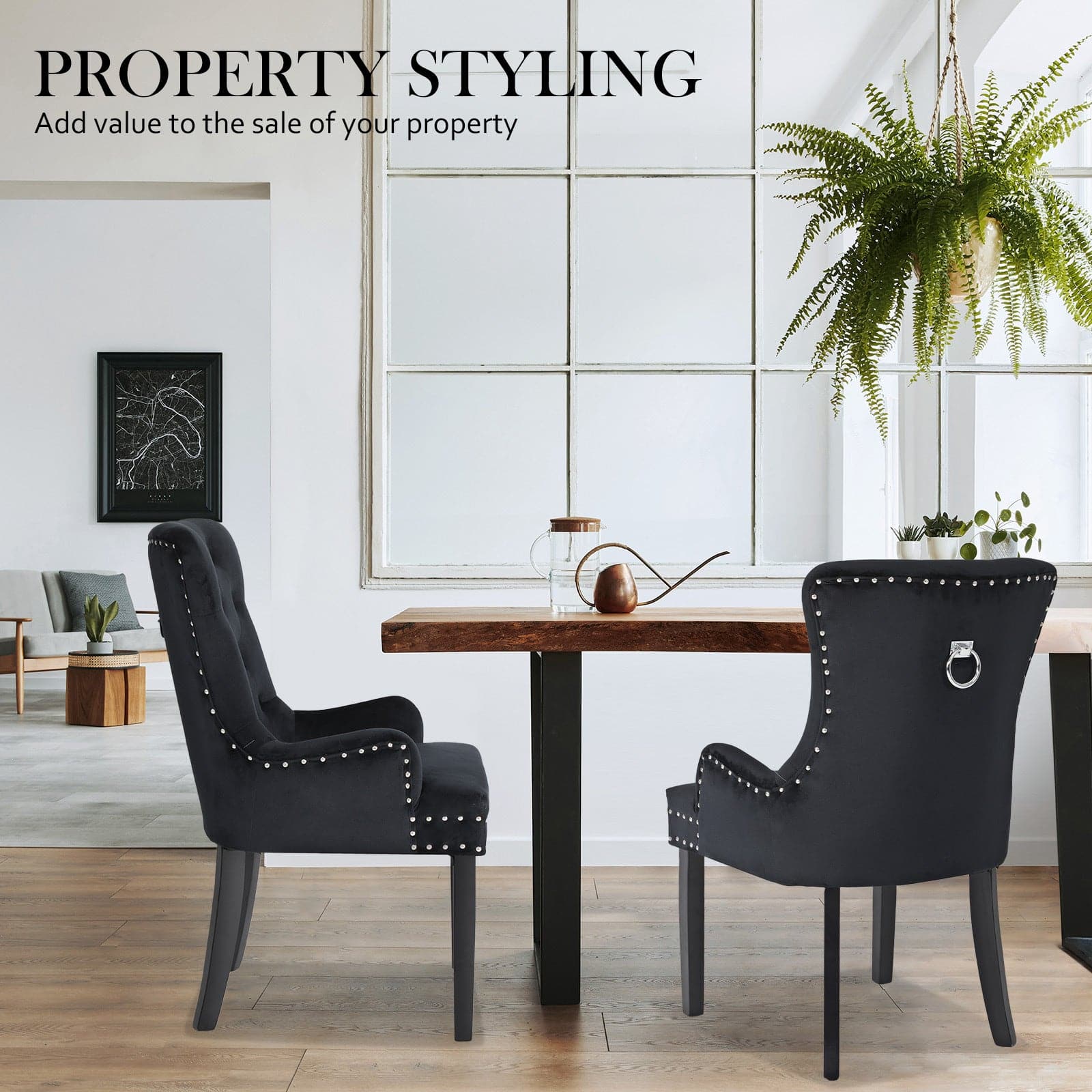 La Bella 2 Set Black French Provincial Dining Chair Ring Studded Lisse Velvet Rubberwood-Furniture > Bar Stools & Chairs-PEROZ Accessories