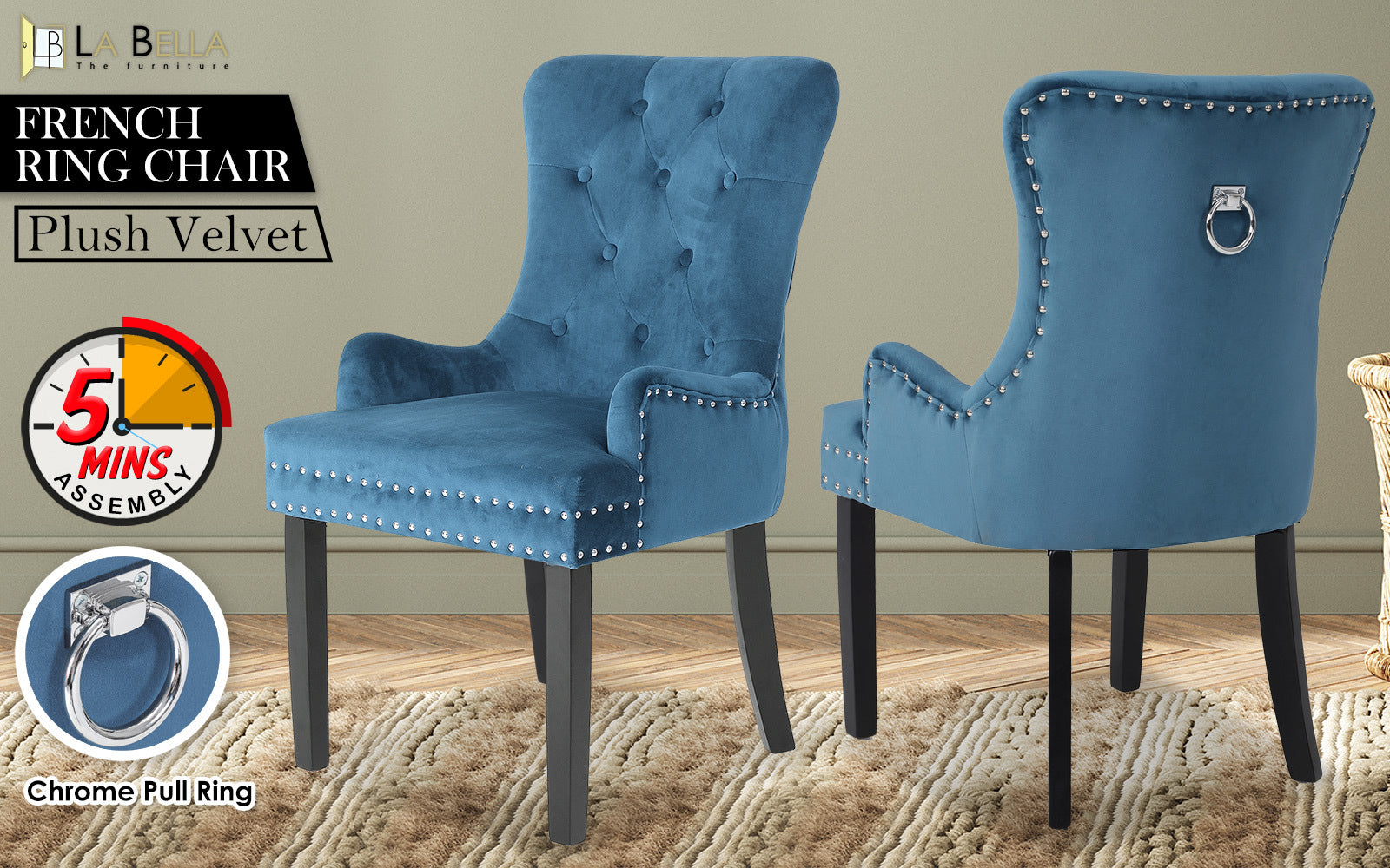 La Bella Navy Blue French Provincial Dining Chair Ring Studded Lisse Velvet Rubberwood-Furniture > Bar Stools & Chairs-PEROZ Accessories