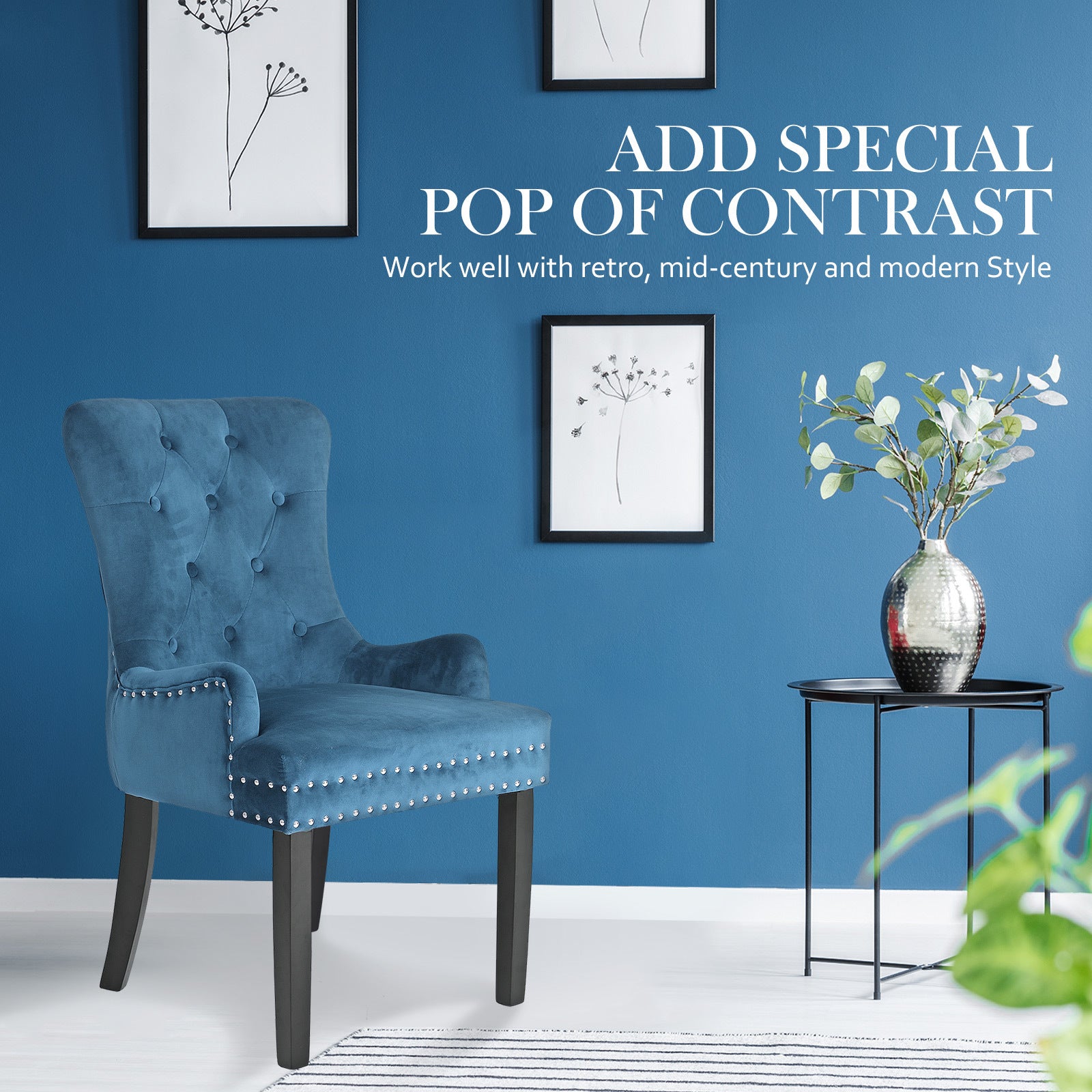 La Bella Navy Blue French Provincial Dining Chair Ring Studded Lisse Velvet Rubberwood-Furniture > Bar Stools & Chairs-PEROZ Accessories