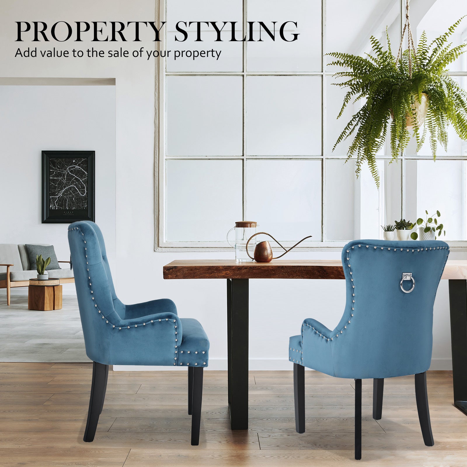 La Bella Navy Blue French Provincial Dining Chair Ring Studded Lisse Velvet Rubberwood-Furniture > Bar Stools & Chairs-PEROZ Accessories