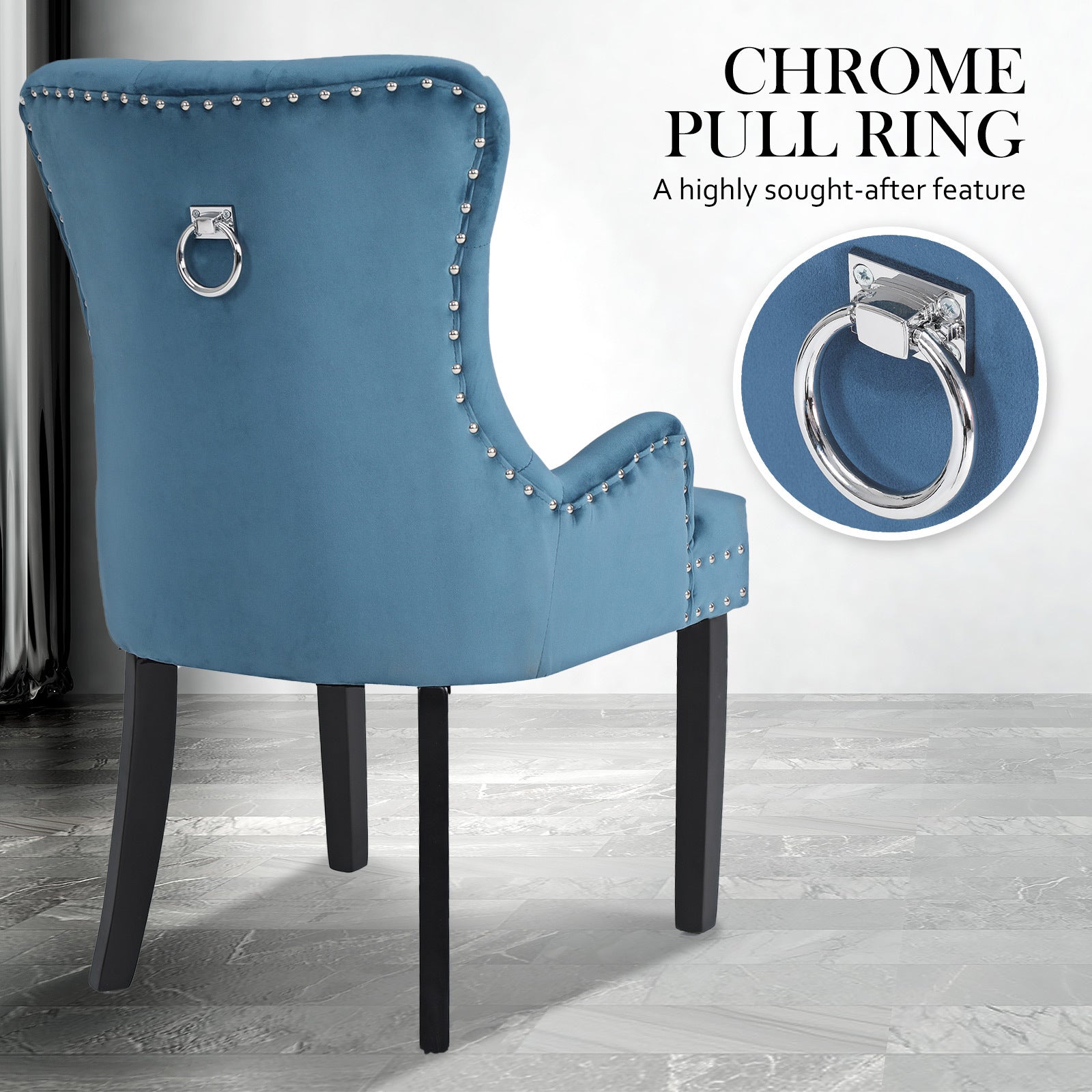 La Bella Navy Blue French Provincial Dining Chair Ring Studded Lisse Velvet Rubberwood-Furniture > Bar Stools & Chairs-PEROZ Accessories