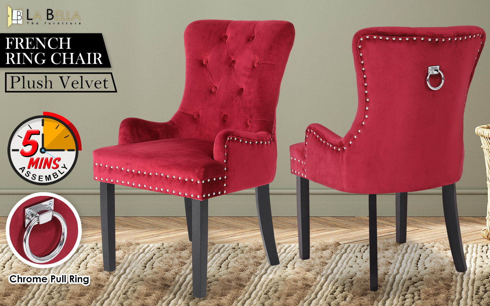 La Bella Bordeaux Red French Provincial Dining Chair Ring Studded Lisse Velvet Rubberwood-Furniture > Bar Stools & Chairs-PEROZ Accessories