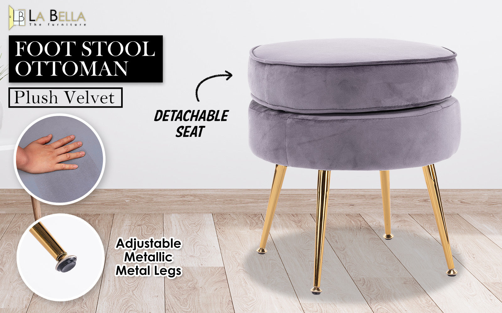 La Bella Grey Round Ottoman Foot Stool Velvet Fabric Metal Leg-Ottomans-PEROZ Accessories