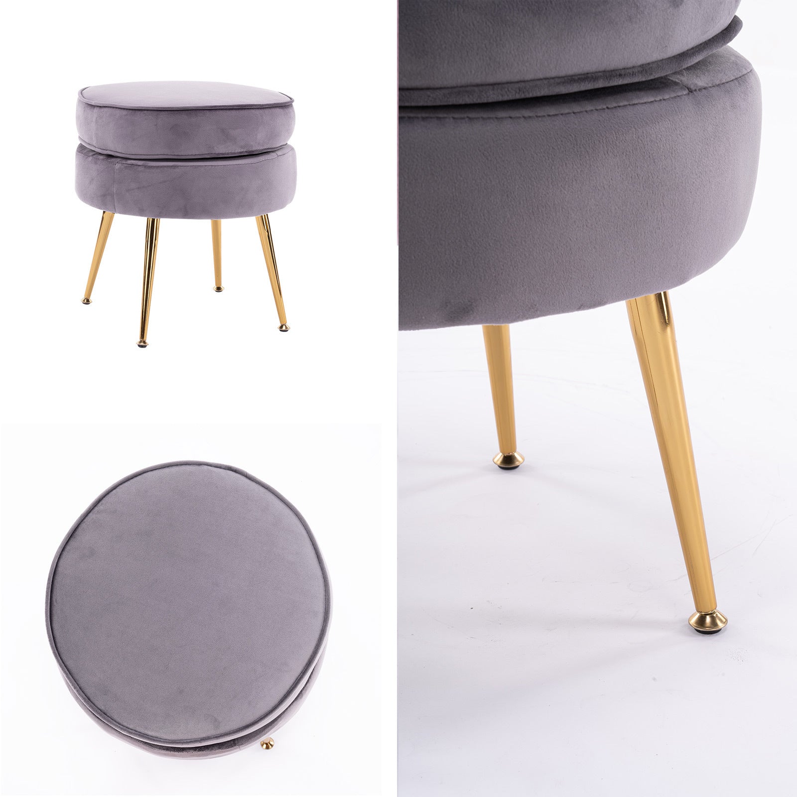 La Bella Grey Round Ottoman Foot Stool Velvet Fabric Metal Leg-Ottomans-PEROZ Accessories