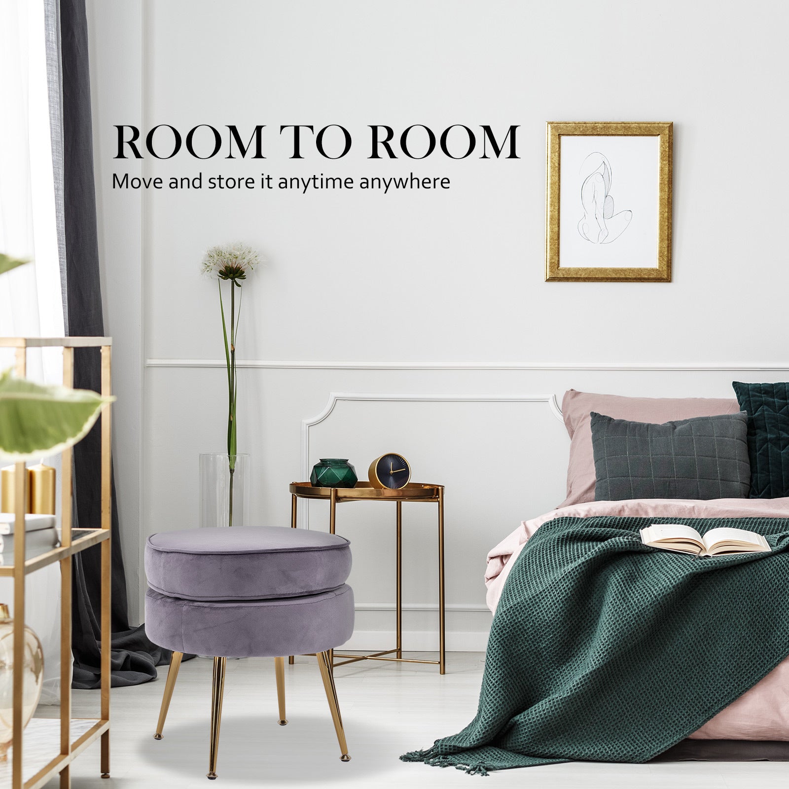 La Bella Grey Round Ottoman Foot Stool Velvet Fabric Metal Leg-Ottomans-PEROZ Accessories