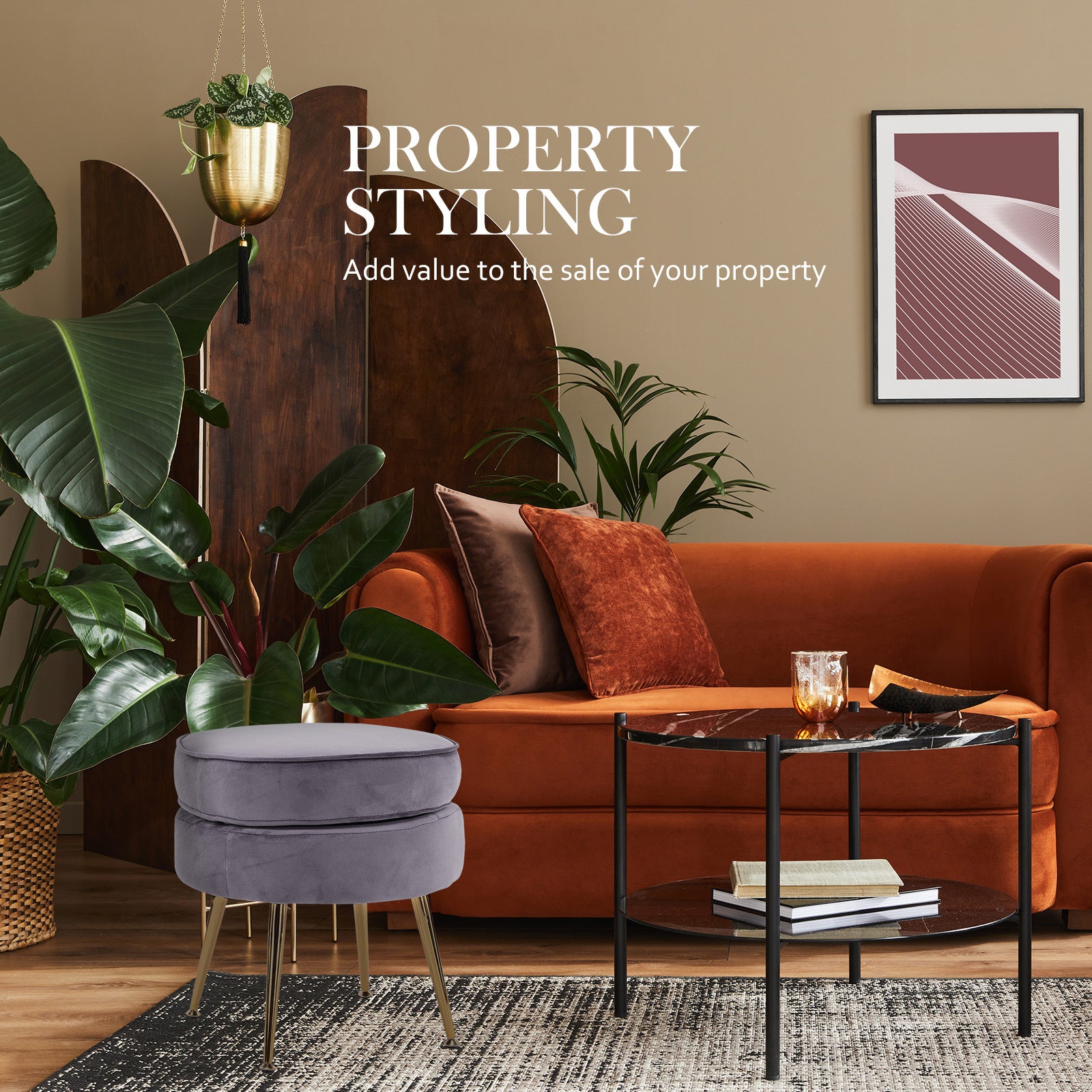 La Bella Grey Round Ottoman Foot Stool Velvet Fabric Metal Leg-Ottomans-PEROZ Accessories