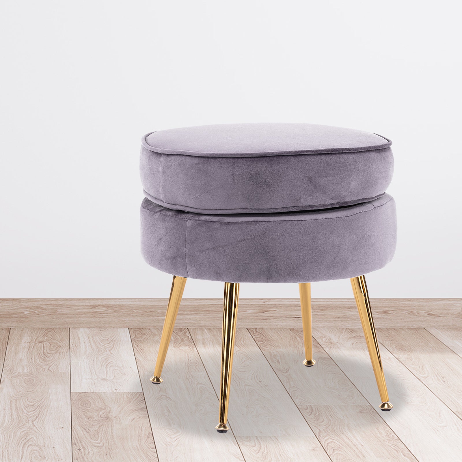 La Bella Grey Round Ottoman Foot Stool Velvet Fabric Metal Leg-Ottomans-PEROZ Accessories