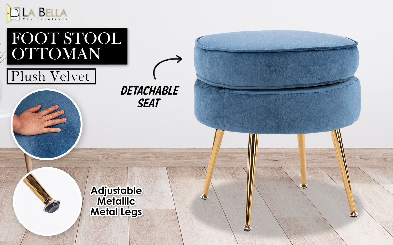 La Bella Navy Blue Round Ottoman Foot Stool Velvet Fabric Metal Leg-Ottomans-PEROZ Accessories