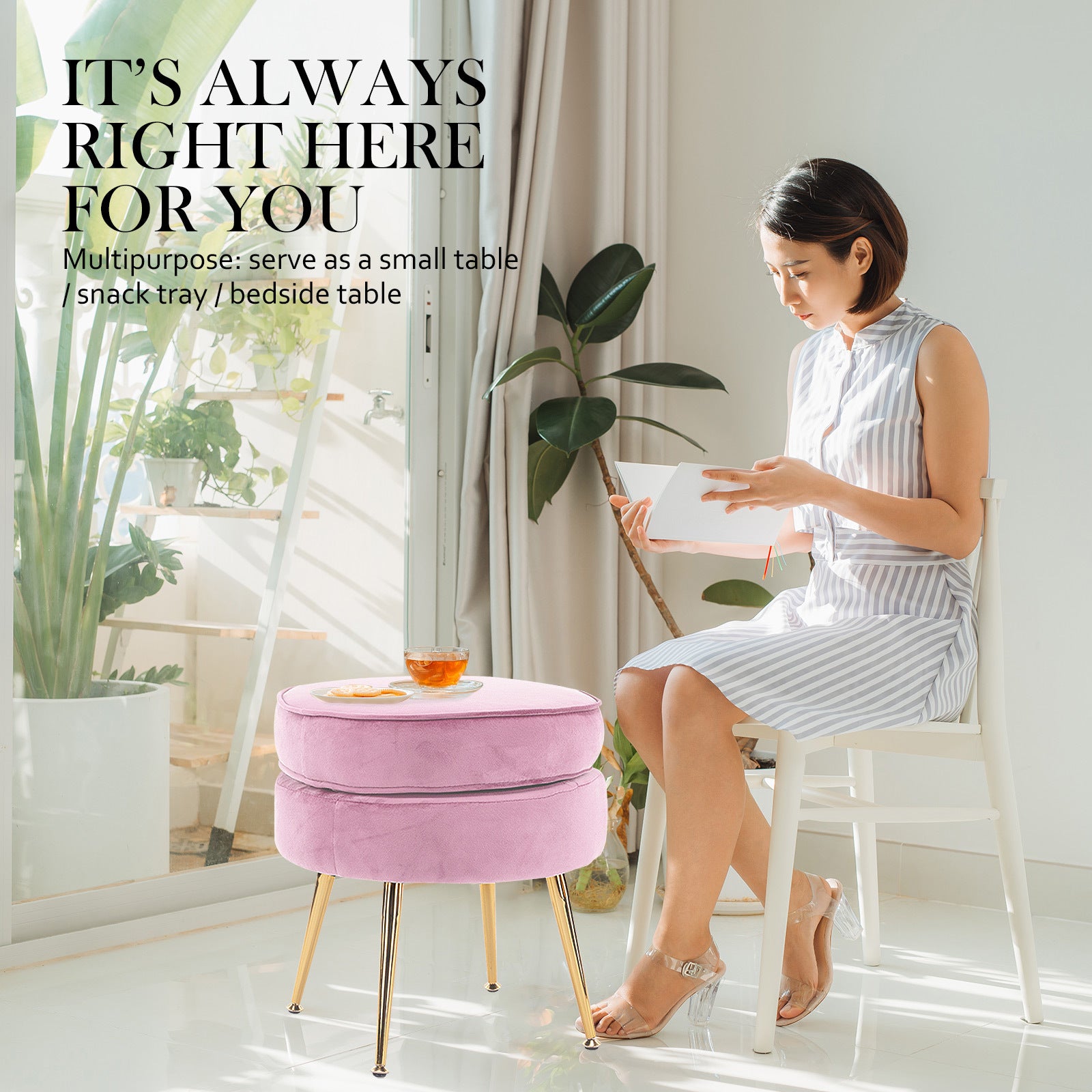 La Bella Pink Round Ottoman Foot Stool Velvet Fabric Metal Leg-Ottomans-PEROZ Accessories