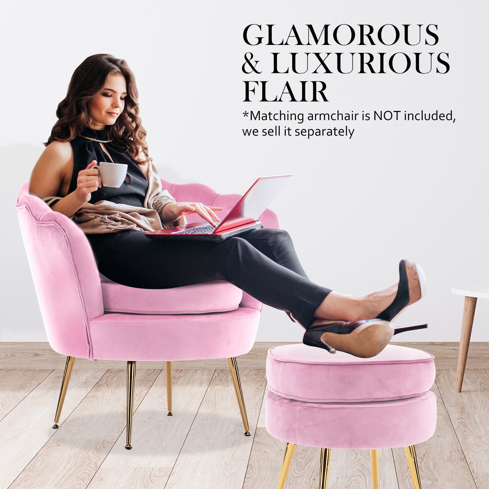 La Bella Pink Round Ottoman Foot Stool Velvet Fabric Metal Leg-Ottomans-PEROZ Accessories