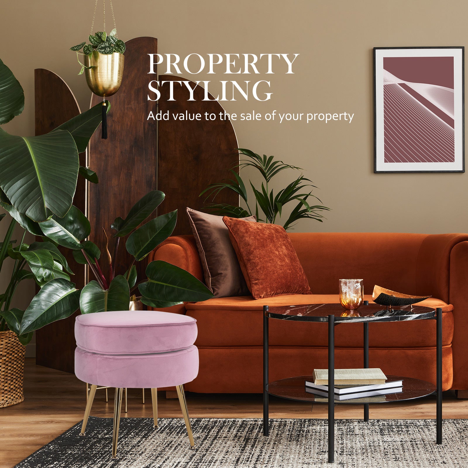 La Bella Pink Round Ottoman Foot Stool Velvet Fabric Metal Leg-Ottomans-PEROZ Accessories