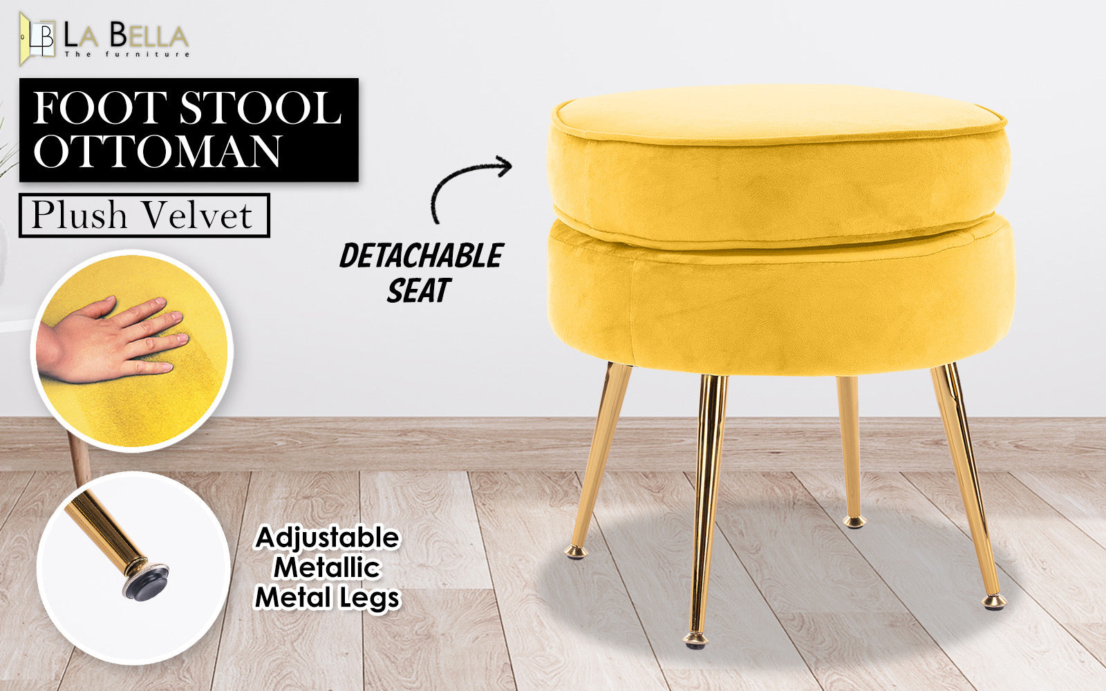 La Bella Yellow Round Ottoman Foot Stool Velvet Fabric Metal Leg-Armchairs-PEROZ Accessories