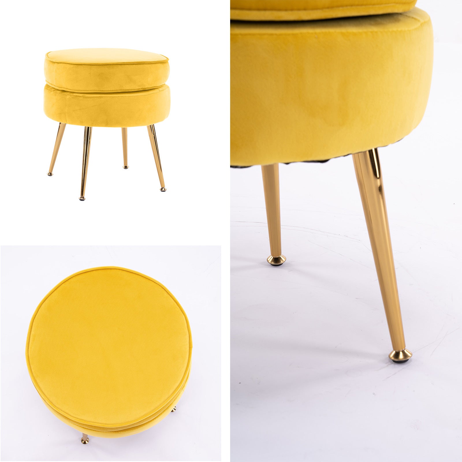 La Bella Yellow Round Ottoman Foot Stool Velvet Fabric Metal Leg-Armchairs-PEROZ Accessories
