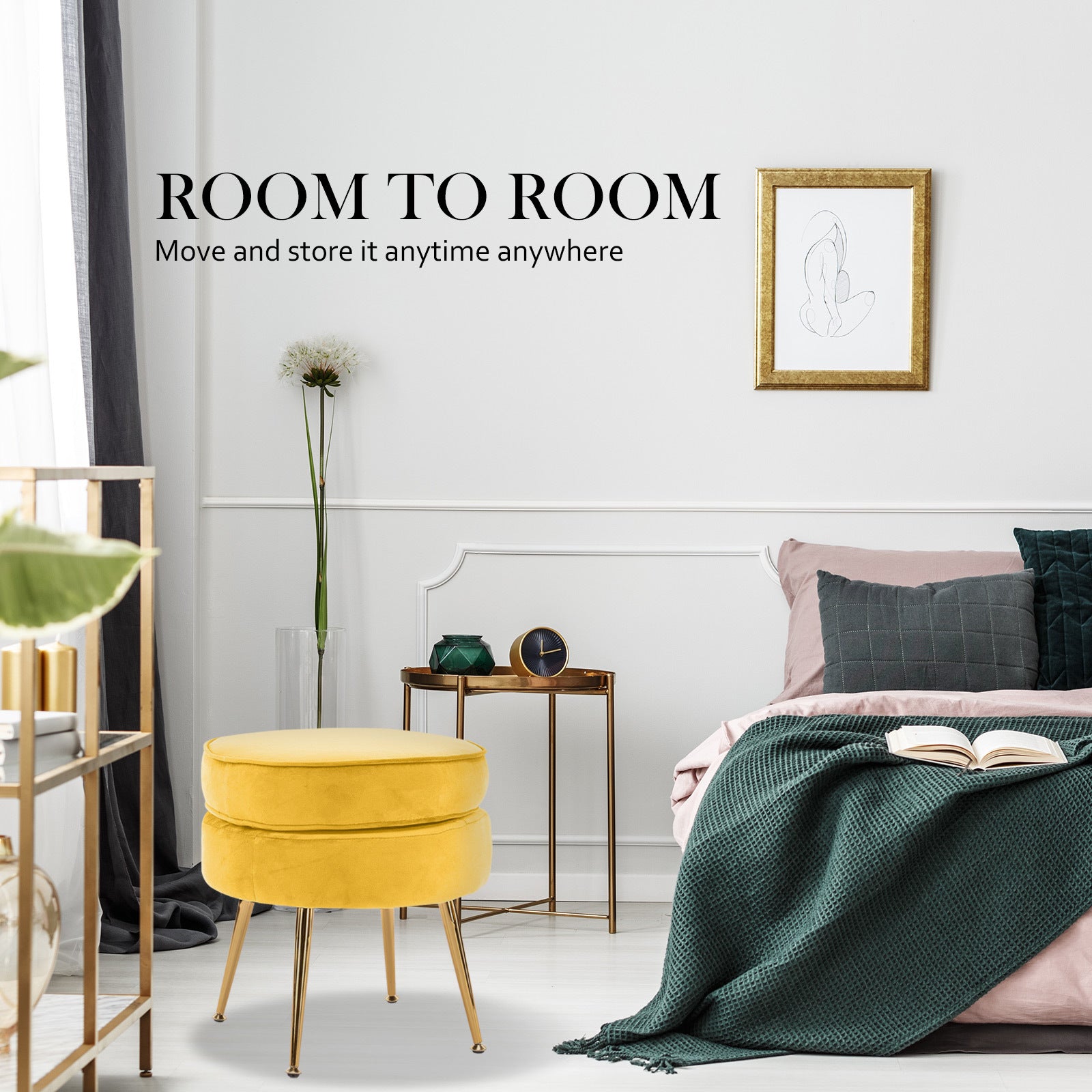 La Bella Yellow Round Ottoman Foot Stool Velvet Fabric Metal Leg-Armchairs-PEROZ Accessories