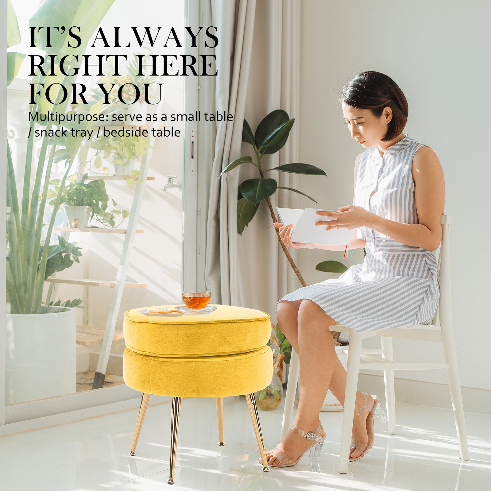 La Bella Yellow Round Ottoman Foot Stool Velvet Fabric Metal Leg-Armchairs-PEROZ Accessories