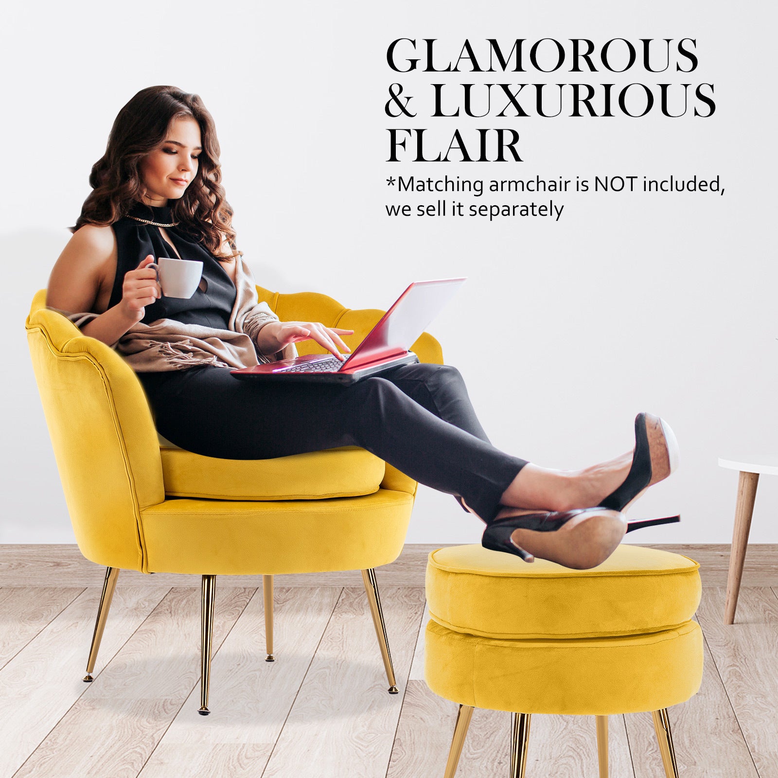 La Bella Yellow Round Ottoman Foot Stool Velvet Fabric Metal Leg-Armchairs-PEROZ Accessories