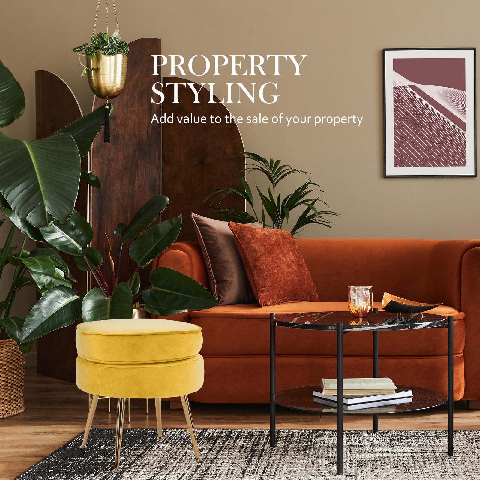 La Bella Yellow Round Ottoman Foot Stool Velvet Fabric Metal Leg-Armchairs-PEROZ Accessories